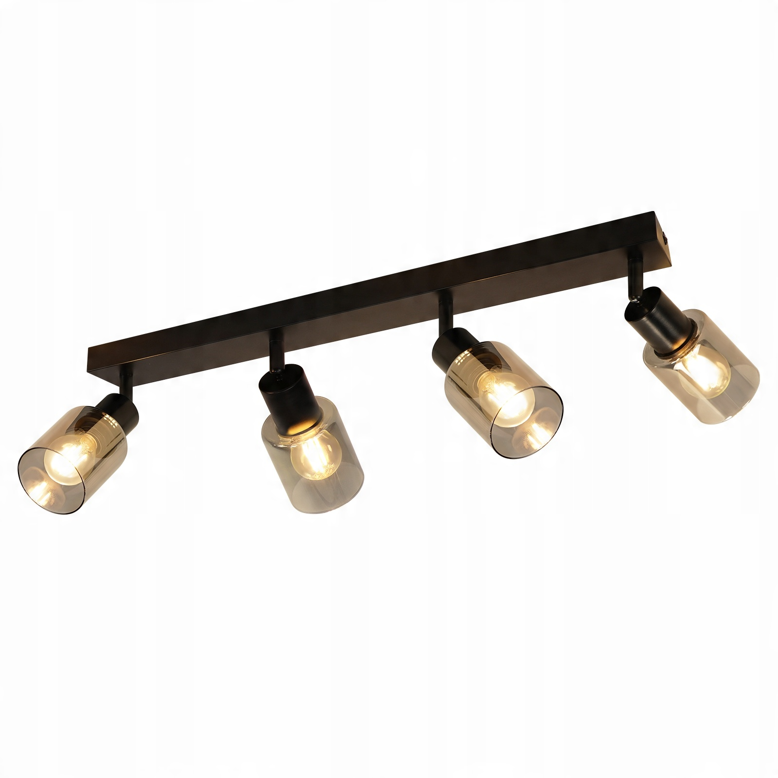 Un apparecchio di illuminazione a binario nero con quattro lampadine racchiuse in vetro su sfondo bianco.