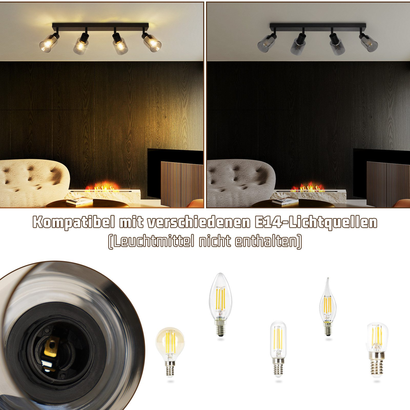 Due immagini di faretti a binario, con diversi tipi di lampadine e opzioni di illuminazione.