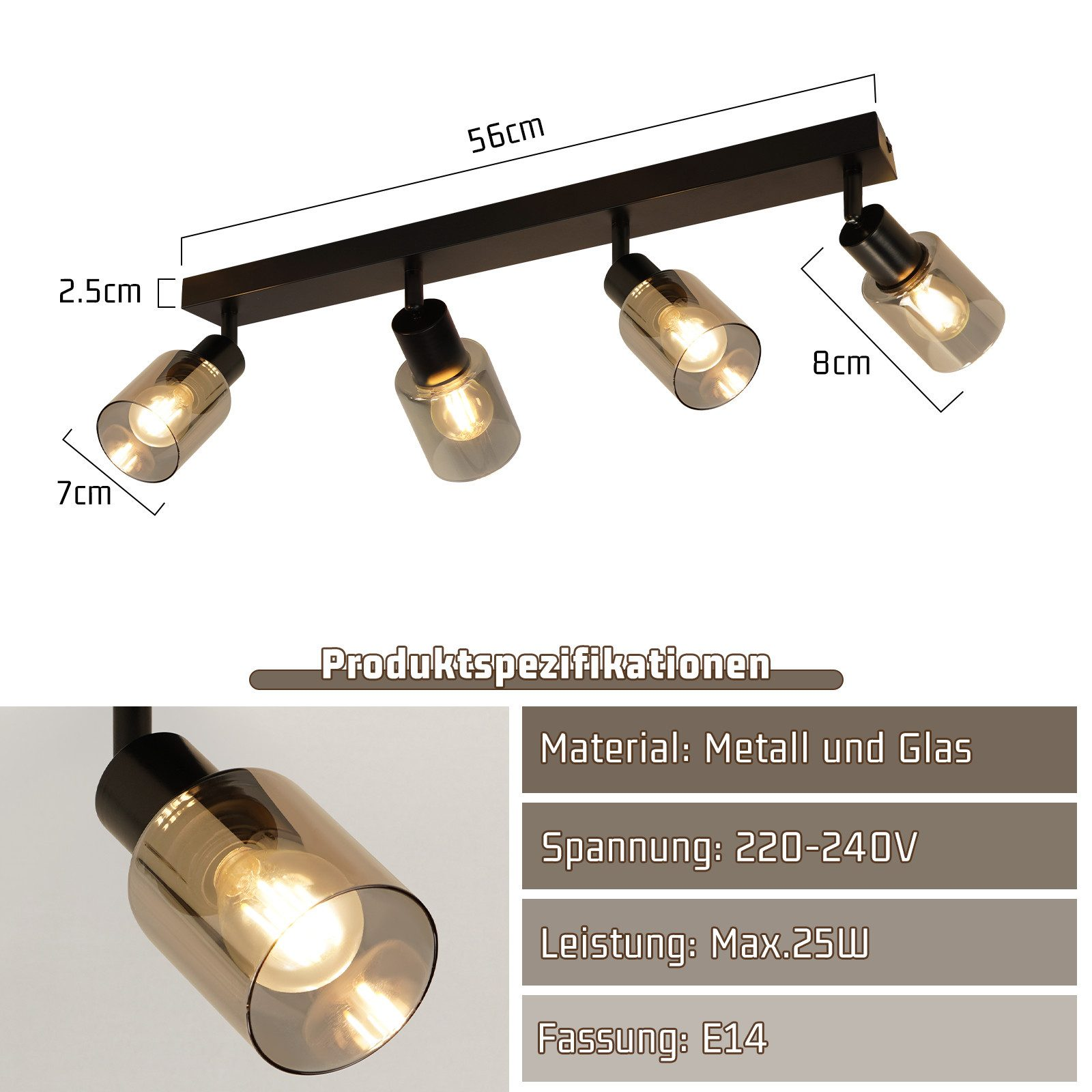Una specifica del prodotto che mostra le dimensioni e i materiali di un apparecchio di illuminazione a binario.