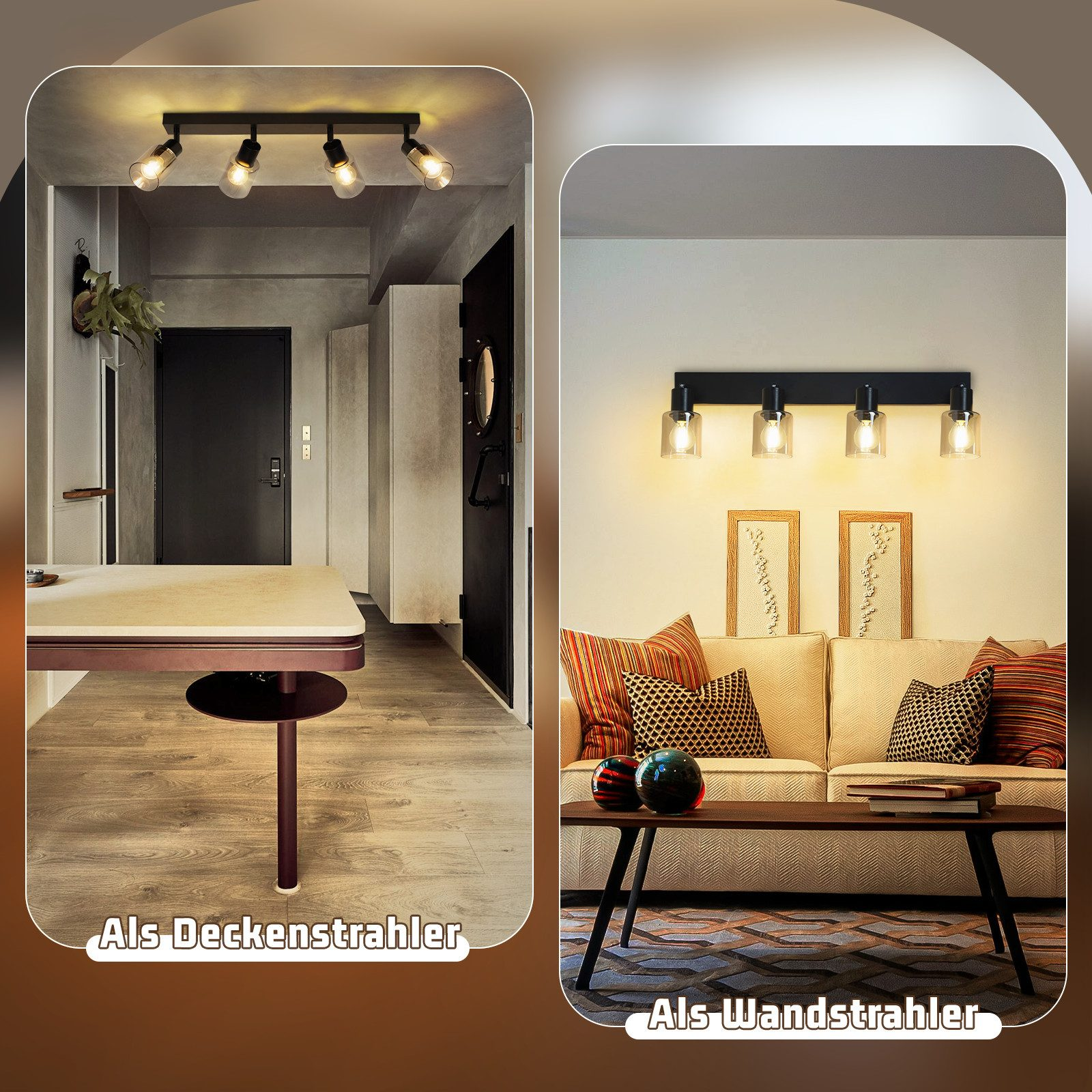 Faretti a binario in diverse ambientazioni: come luci a soffitto e come luci a parete in una casa.