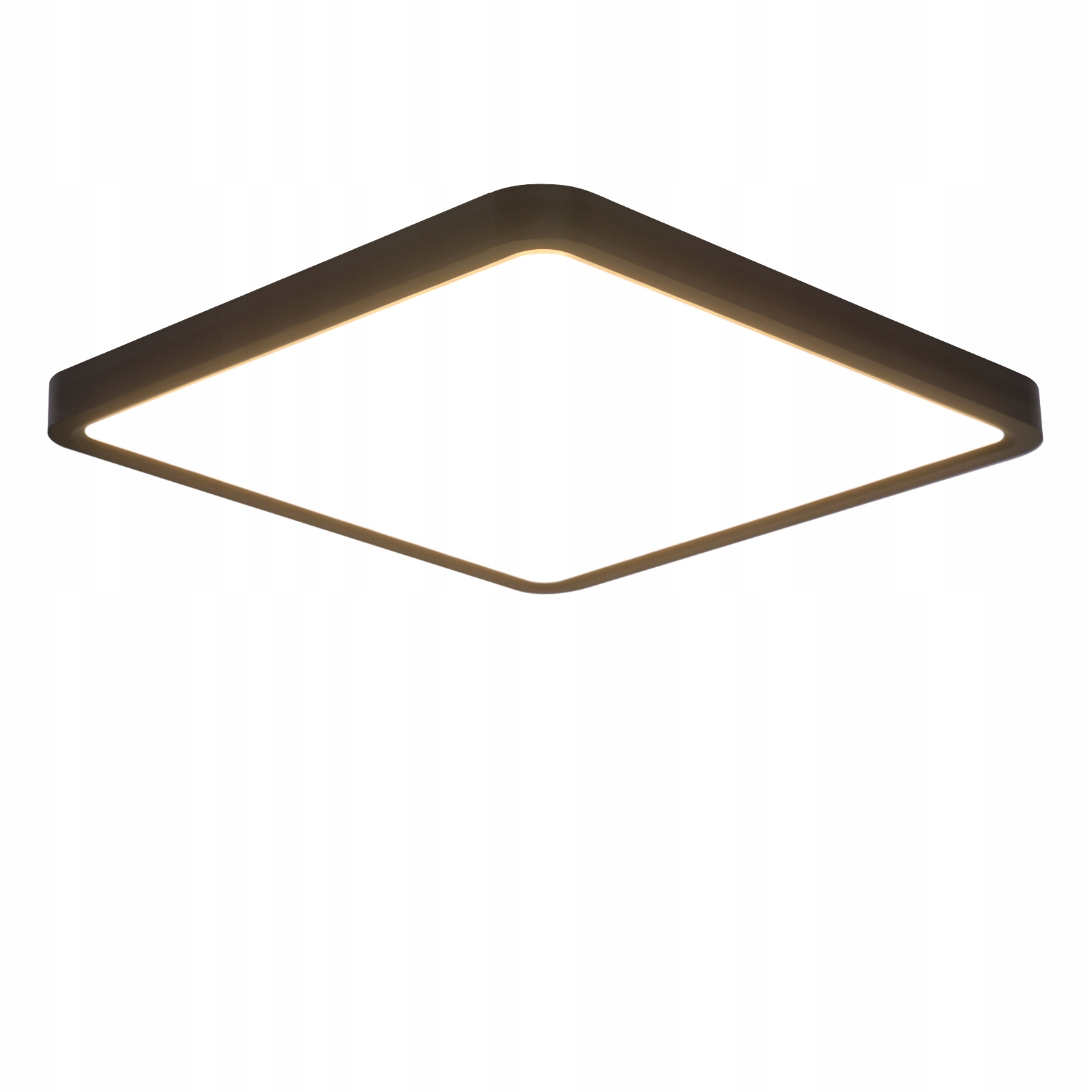 Una plafoniera a LED quadrata con una cornice scura, che emette una luce brillante e uniforme su uno sfondo bianco.