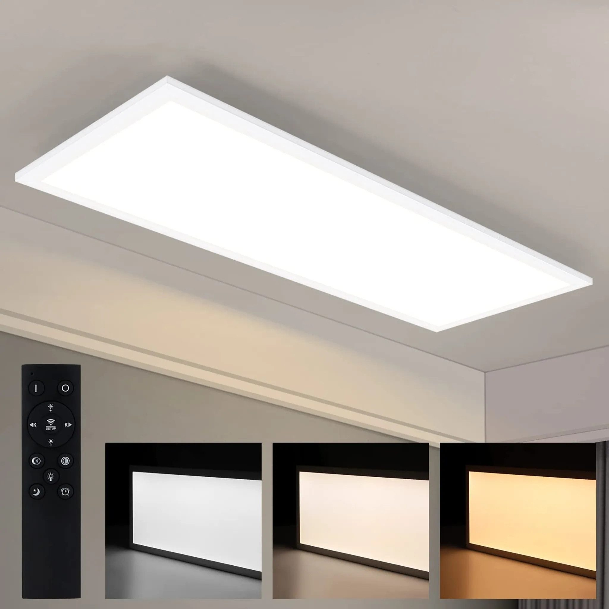 Una plafoniera LED rettangolare con telecomando, che mostra diverse temperature di luce.