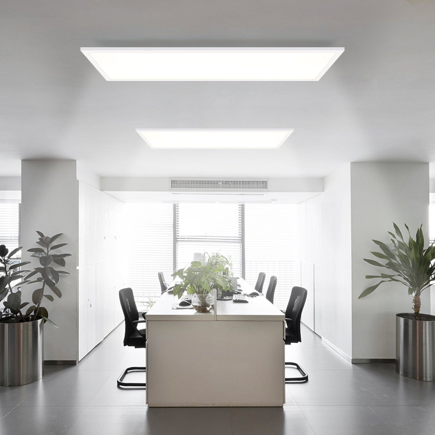 Ufficio con due plafoniere a LED, un tavolo, sedie, piante e una finestra.