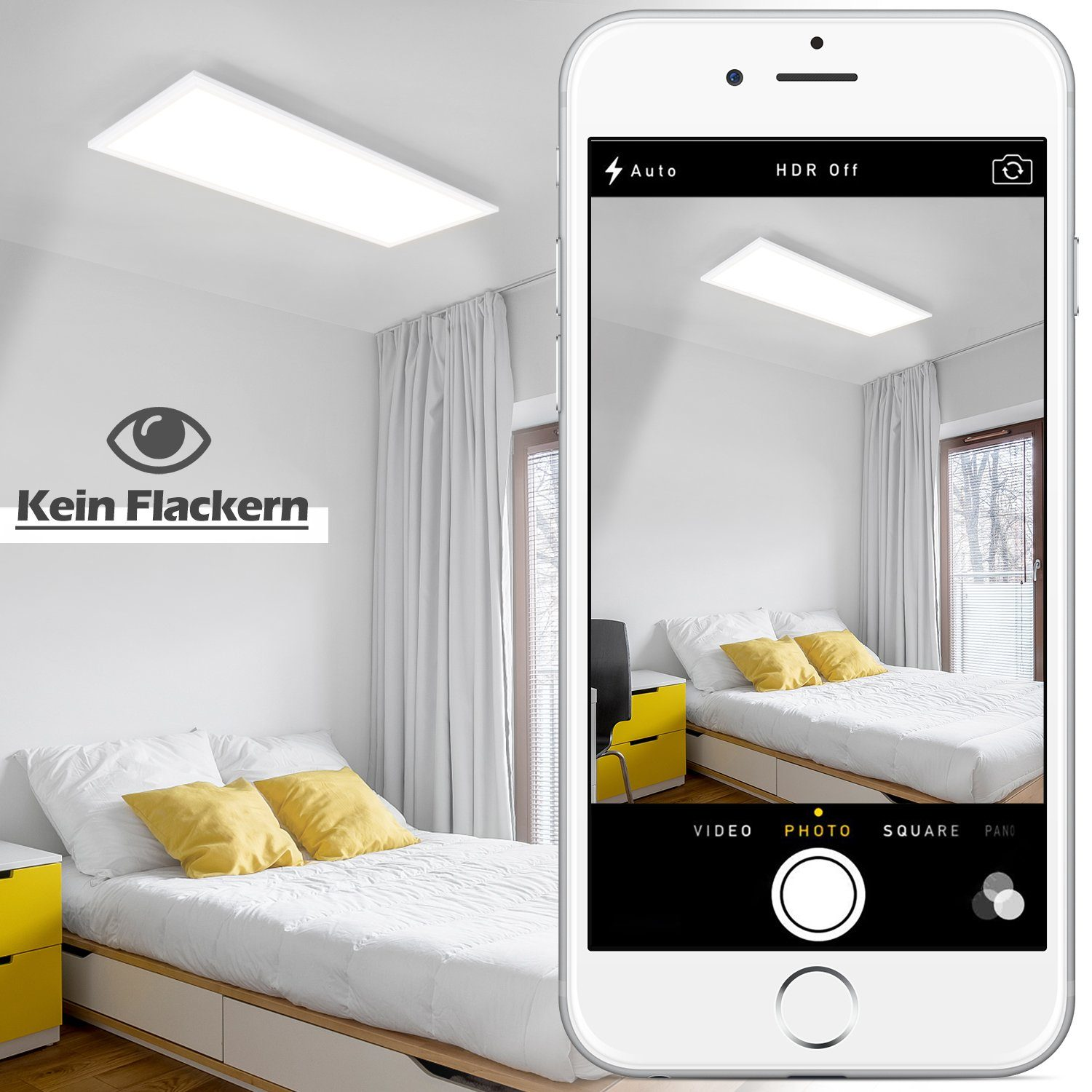 Un telefono cattura una camera da letto con una plafoniera a LED, un letto, cuscini gialli e tende bianche.
