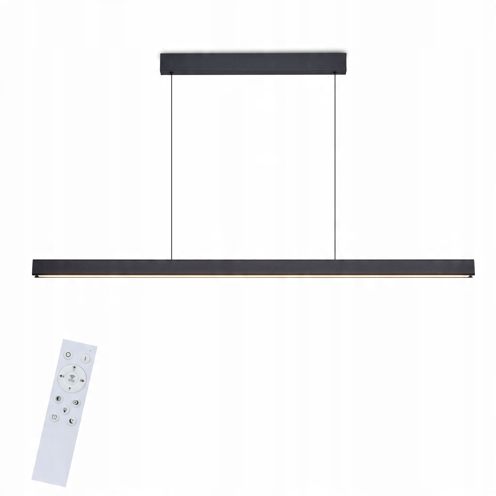 Eine schwarze lineare Pendelleuchte mit einer Fernbedienung, isoliert auf einem weißen Hintergrund.