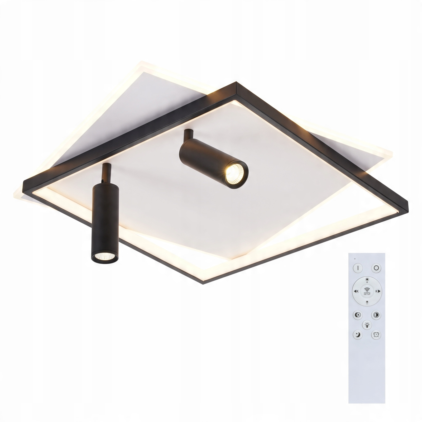 Una moderna plafoniera a LED con due faretti e un telecomando su uno sfondo bianco.