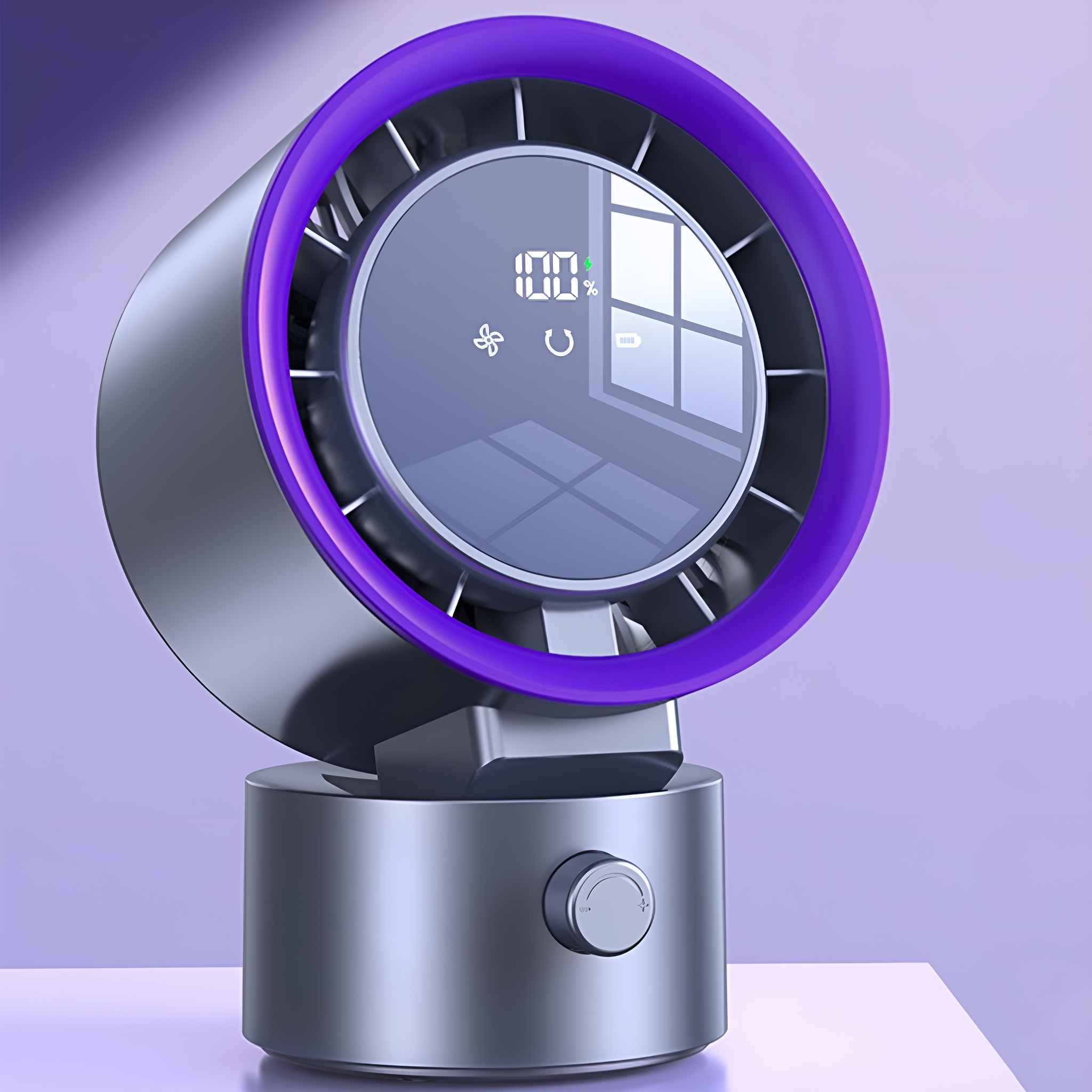 Ein blattloser silberner Ventilator mit einem violetten Ring, der 100 % auf seinem Bildschirm anzeigt.