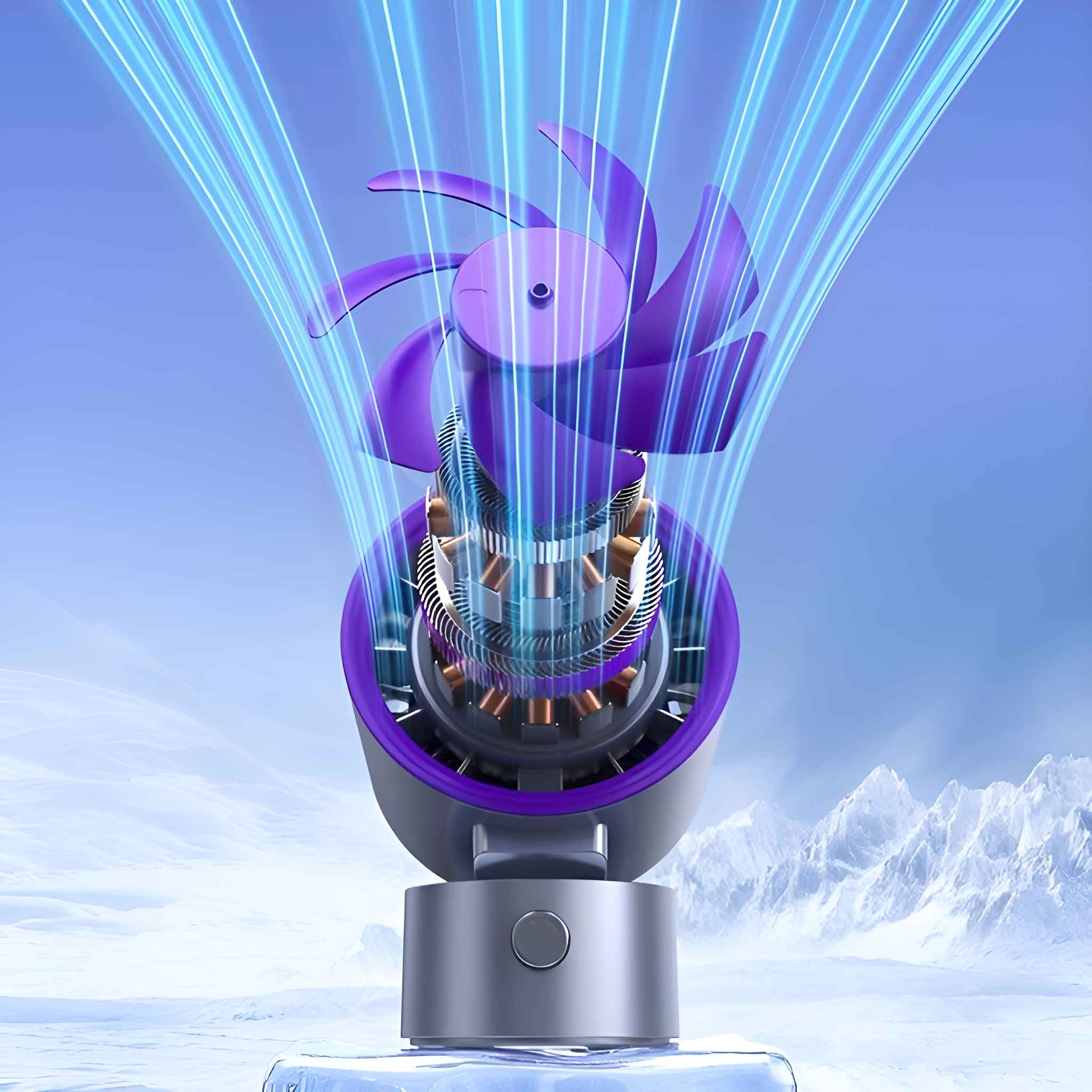 Ein lila Ventilator mit sichtbarer interner Mechanik und blauem Luftstrom vor einer verschneiten Bergkulisse.