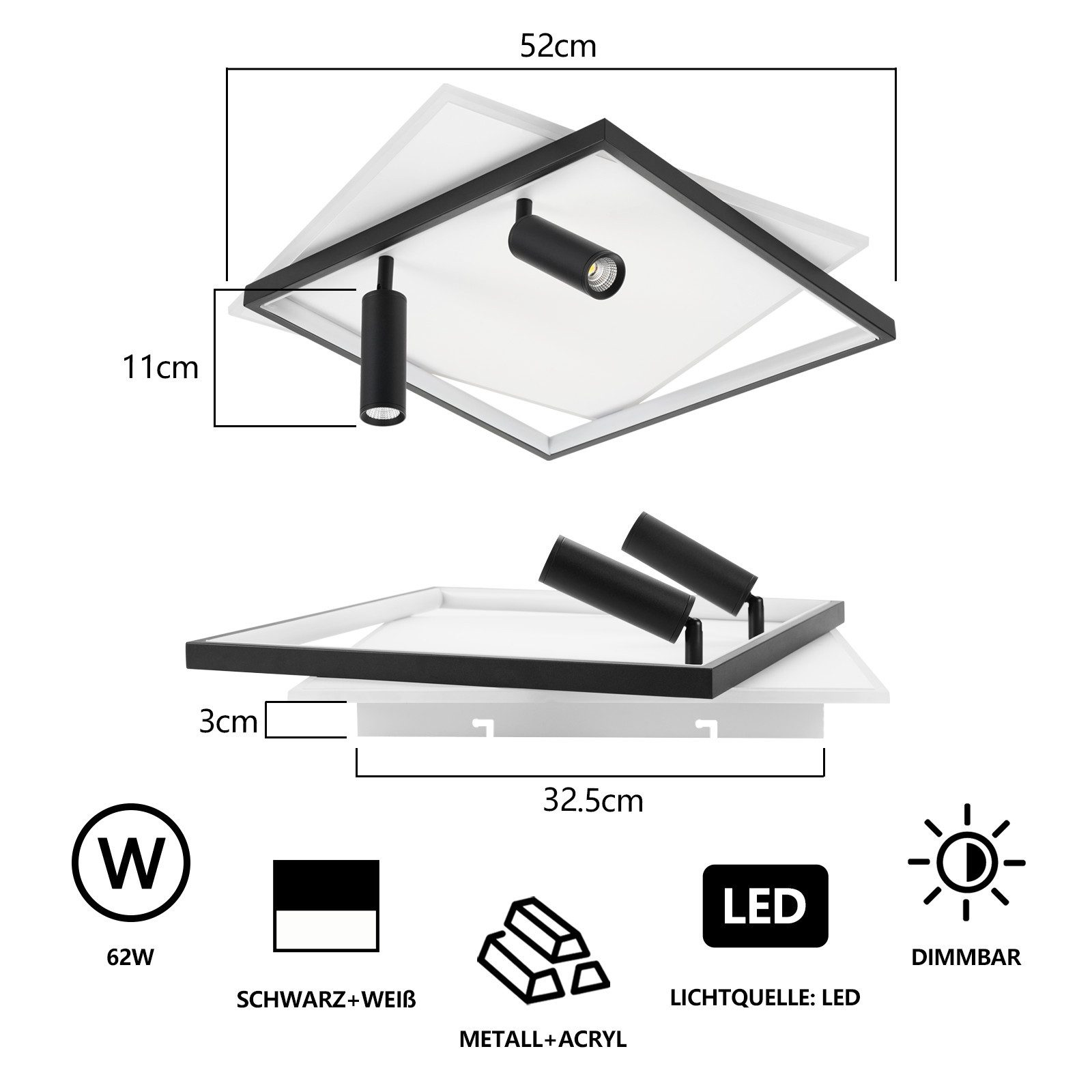 Un diagramma tecnico mostra le dimensioni di una plafoniera a LED quadrata in bianco e nero.