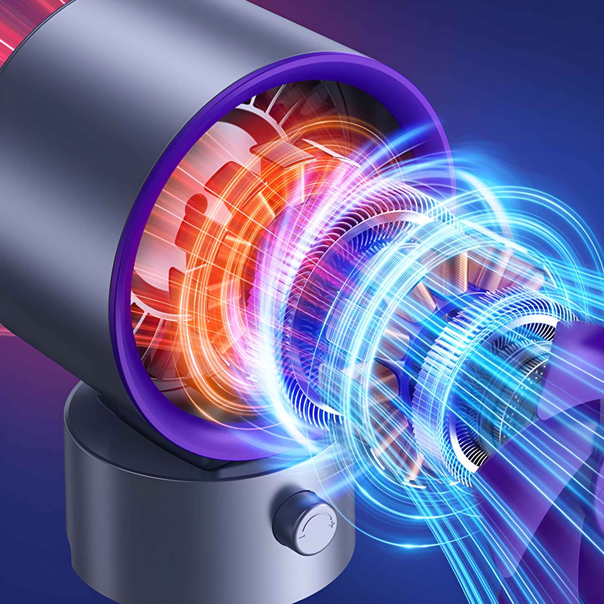 Eine Nahaufnahme eines lila umrandeten Ventilators, der interne Mechaniken und blaue und rote Luftstrommuster zeigt.