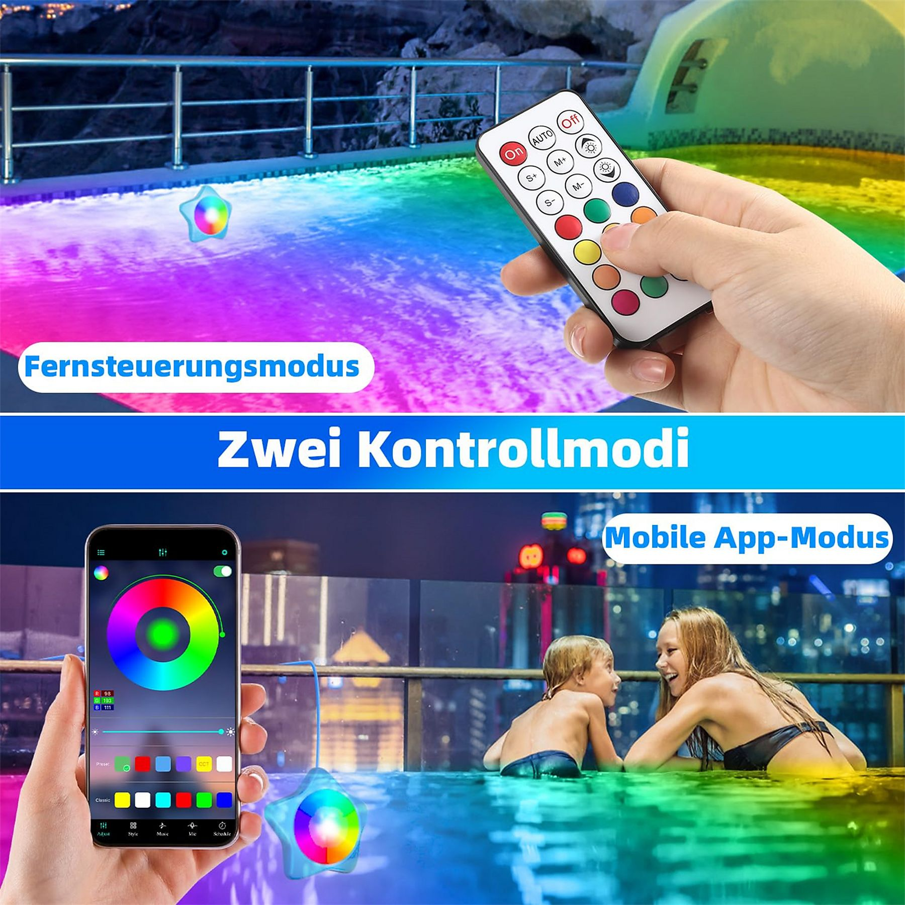 Ein Pool mit farbwechselnden Lichtern. Das Bild zeigt zwei Steuerungsmethoden, eine Fernbedienung und eine Telefon-App.