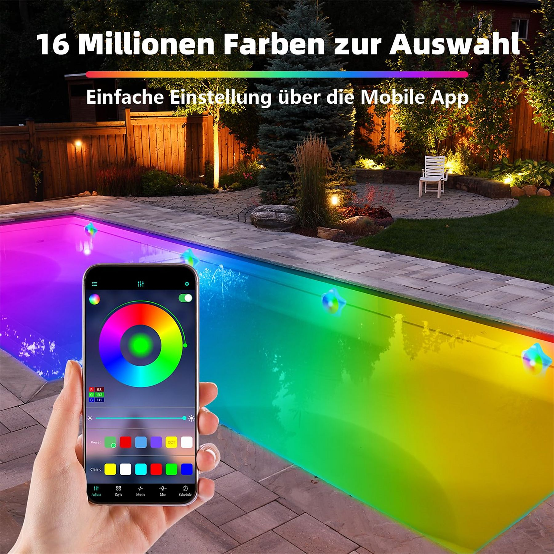 Ein Pool mit bunten Lichtern. Eine Hand hält ein Telefon, das eine App zur Steuerung der Lichter anzeigt.