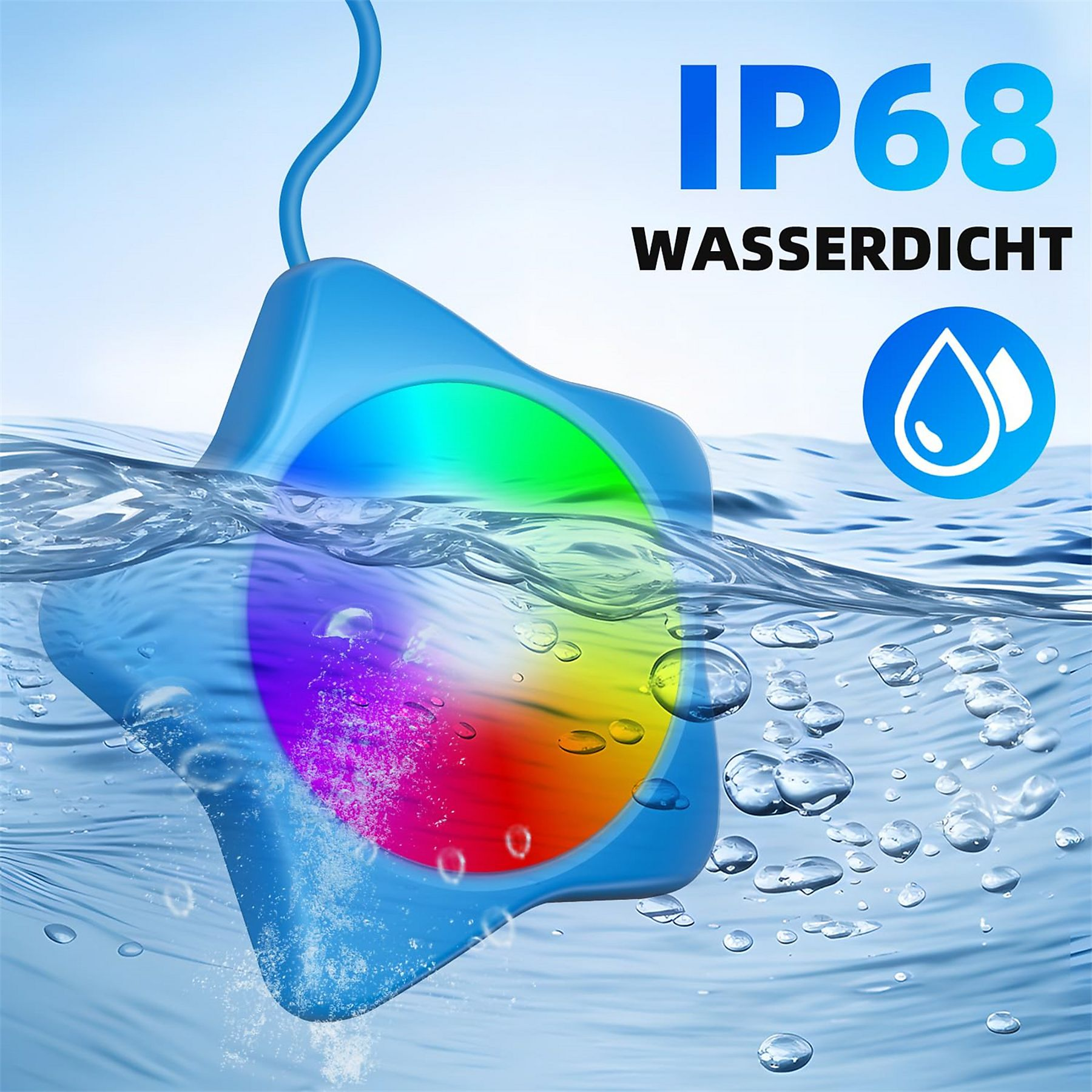 Ein sternförmiges Licht, das in Wasser getaucht ist und verschiedene Farben ausstrahlt. Der Text 'IP68 wasserdicht' ist sichtbar.