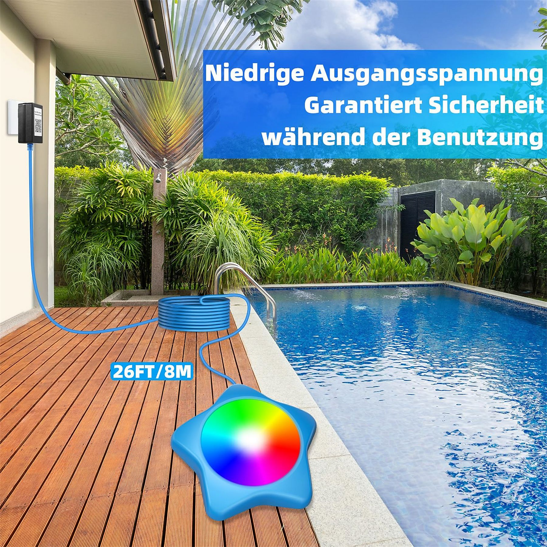 Ein Pool mit sternförmigem Licht und dem Text '26FT/8M'. Eine Steckdose und ein Kabel sind ebenfalls sichtbar.