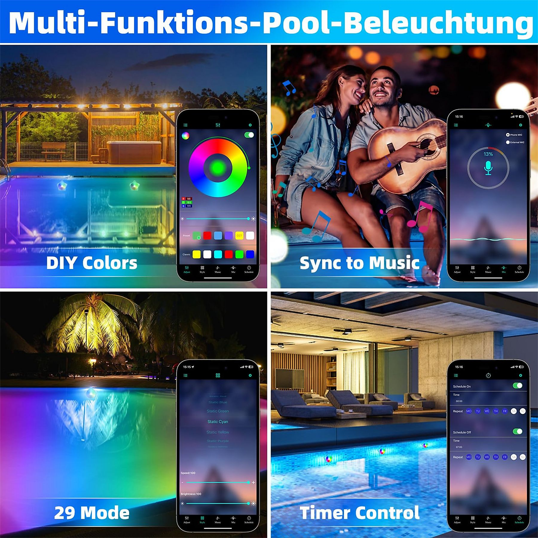 Eine Sammlung von Bildern, die die Funktionen der Poolbeleuchtung zeigen, einschließlich Farbanpassung und Musiksynchronisation.