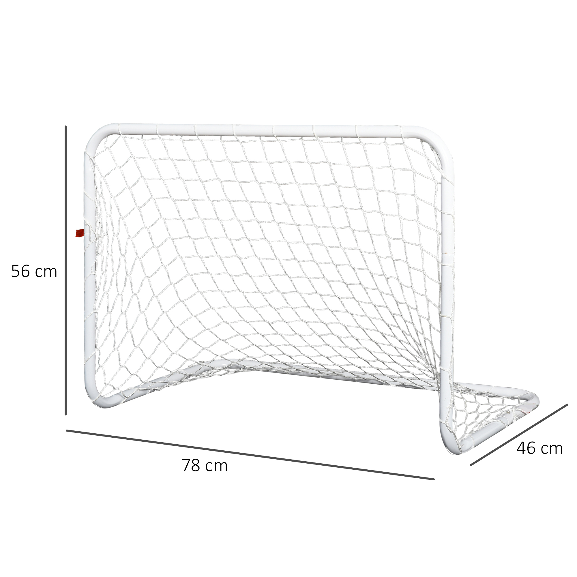 La imagen muestra las dimensiones de una portería de fútbol: 56 cm de alto, 78 cm de ancho y 46 cm de profundidad.