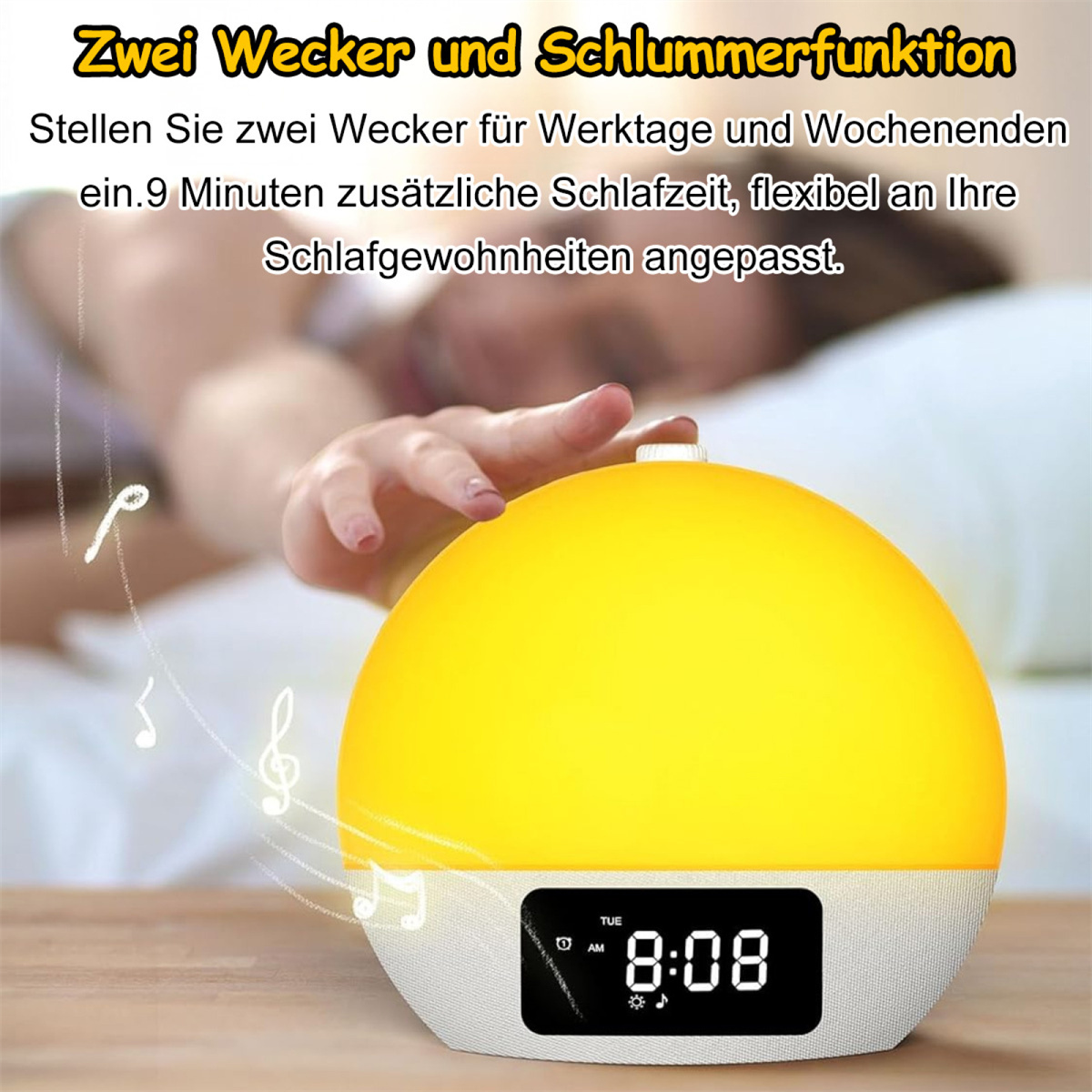Eine Person greift nach einem gelben Wecker auf einem Nachttisch.