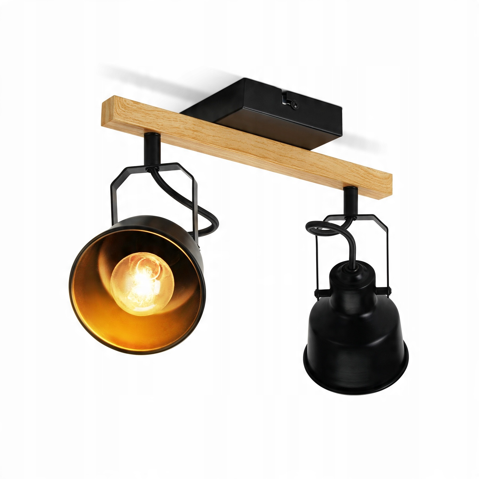 Lampada da soffitto con due faretti neri su una trave di legno, su sfondo bianco.