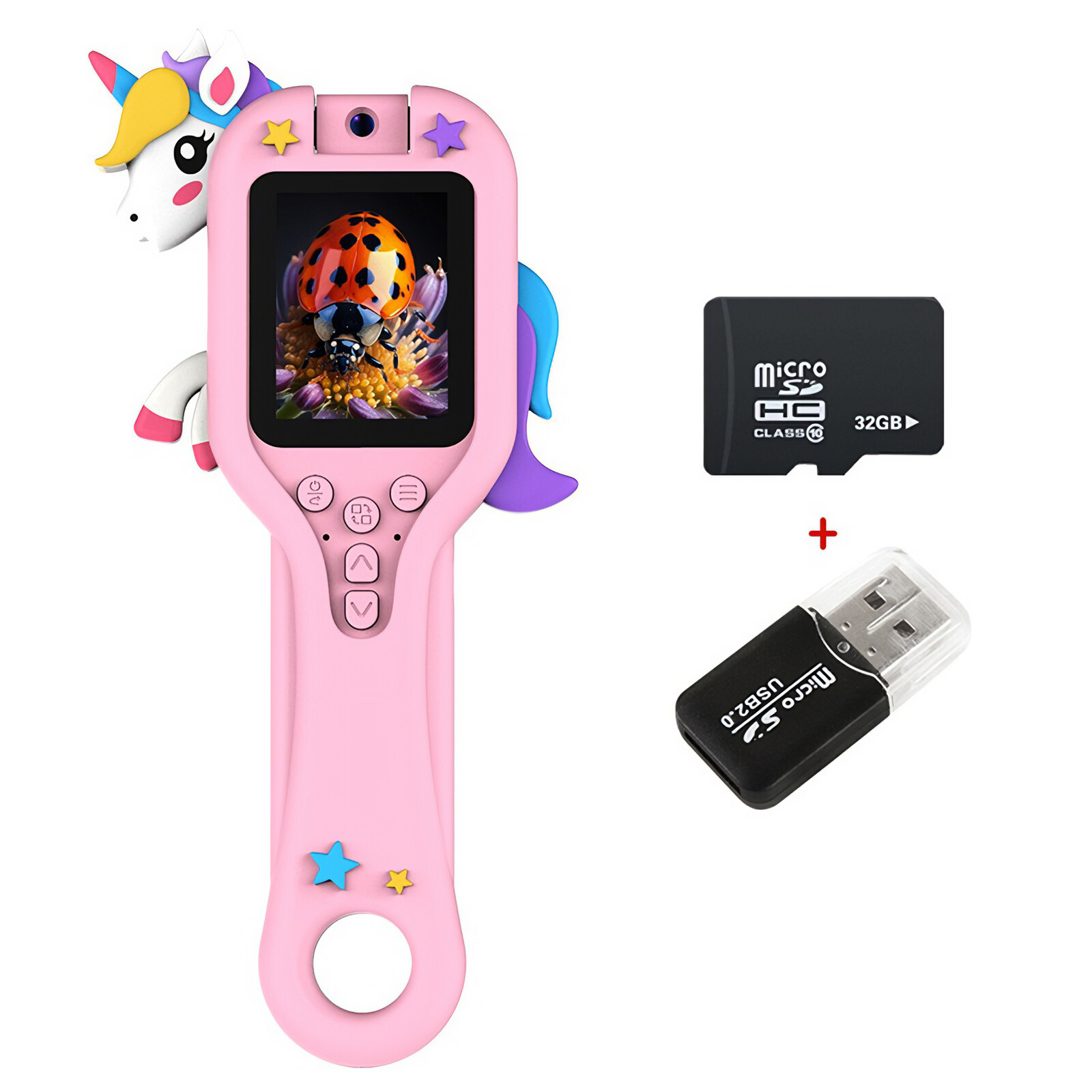 Rosa Kinder-Smartwatch in Einhornform, mit Marienkäferfoto auf dem Bildschirm und Zubehör.