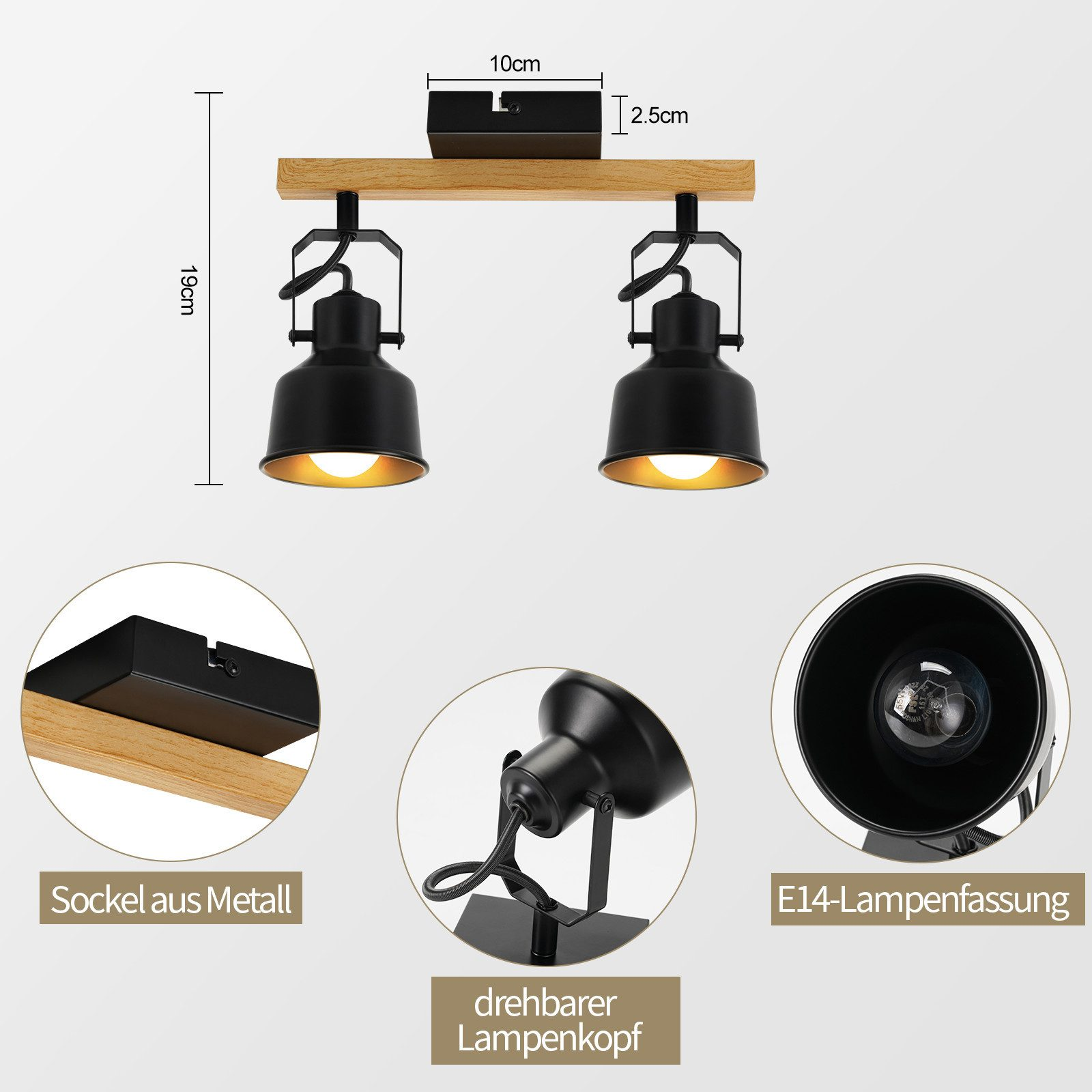 Dettagli di una lampada da soffitto con due faretti neri, comprese misure e componenti.