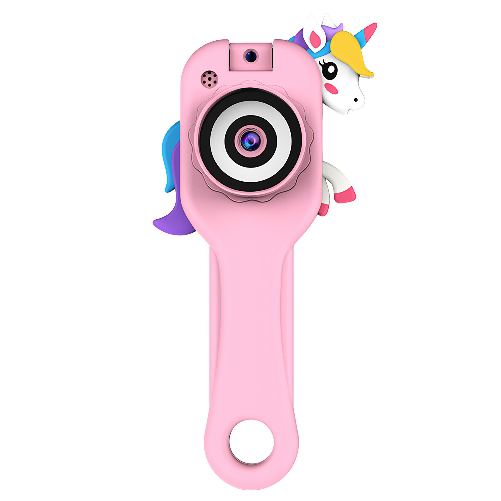 Rosa Kinder-Smartwatch in Einhornform, mit Kamera vorne und Armband.