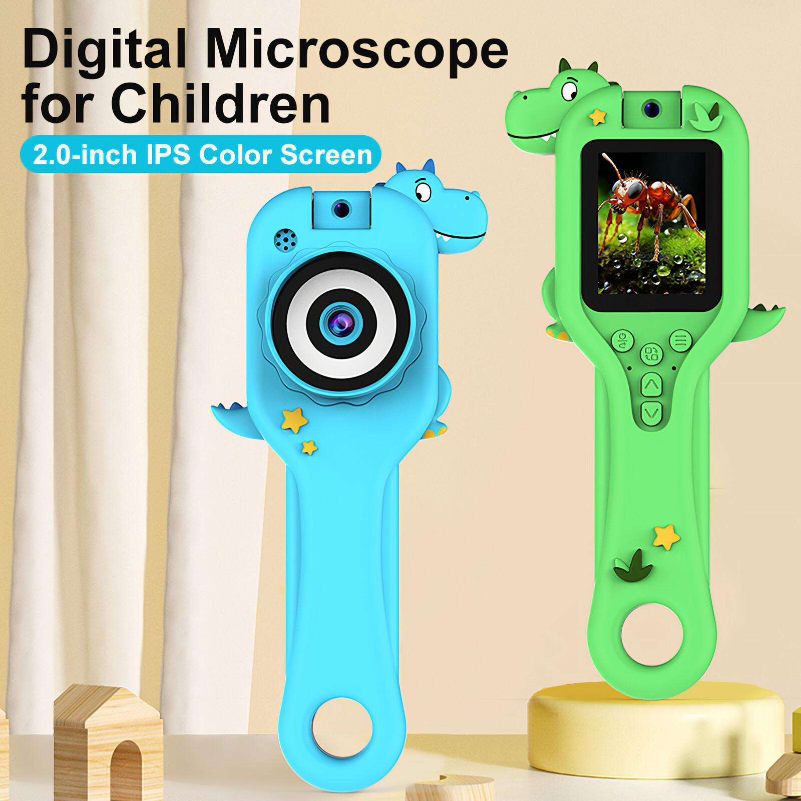Zwei Spielzeug-Digitalmikroskope in Blau und Grün, geformt wie Dinosaurier.
