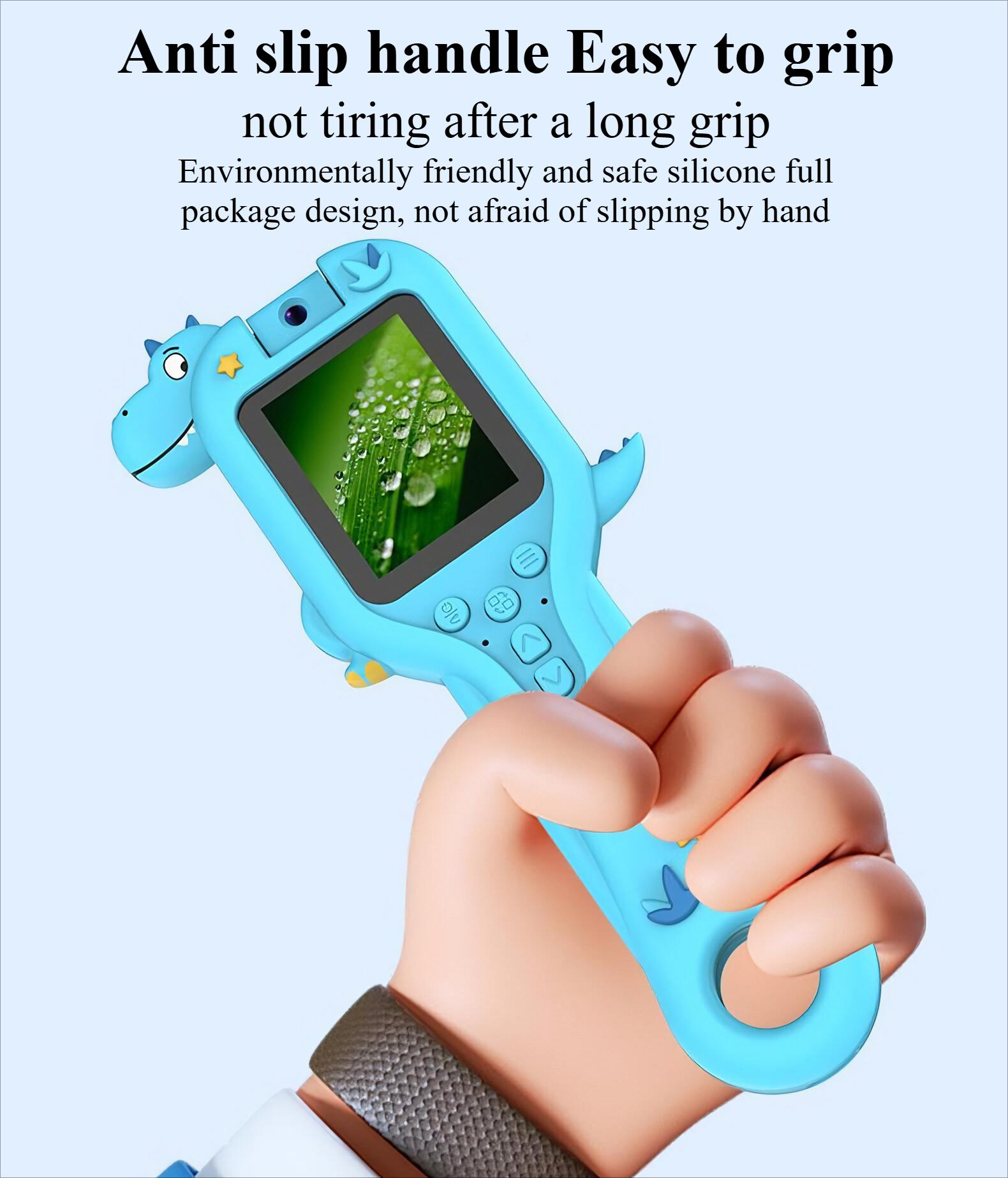 Ein blaues Spielzeugmikroskop in einer Hand. Das Design hat Dinosaurier-Merkmale.