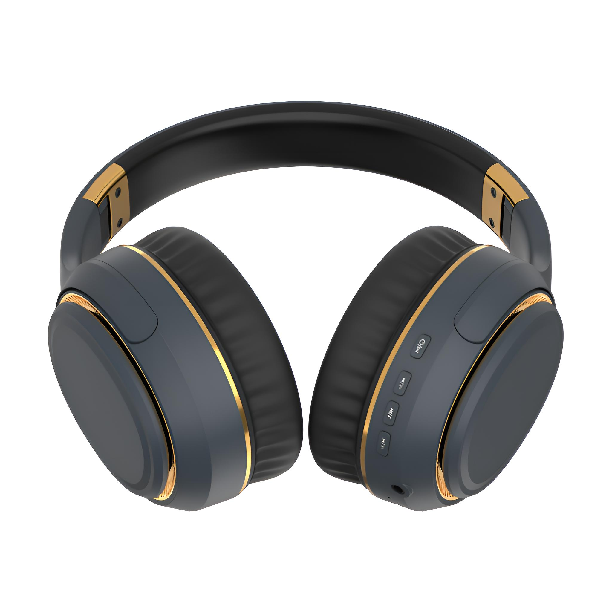 Over-Ear-Kopfhörer, grau mit goldenen Akzenten, auf weißem Hintergrund.