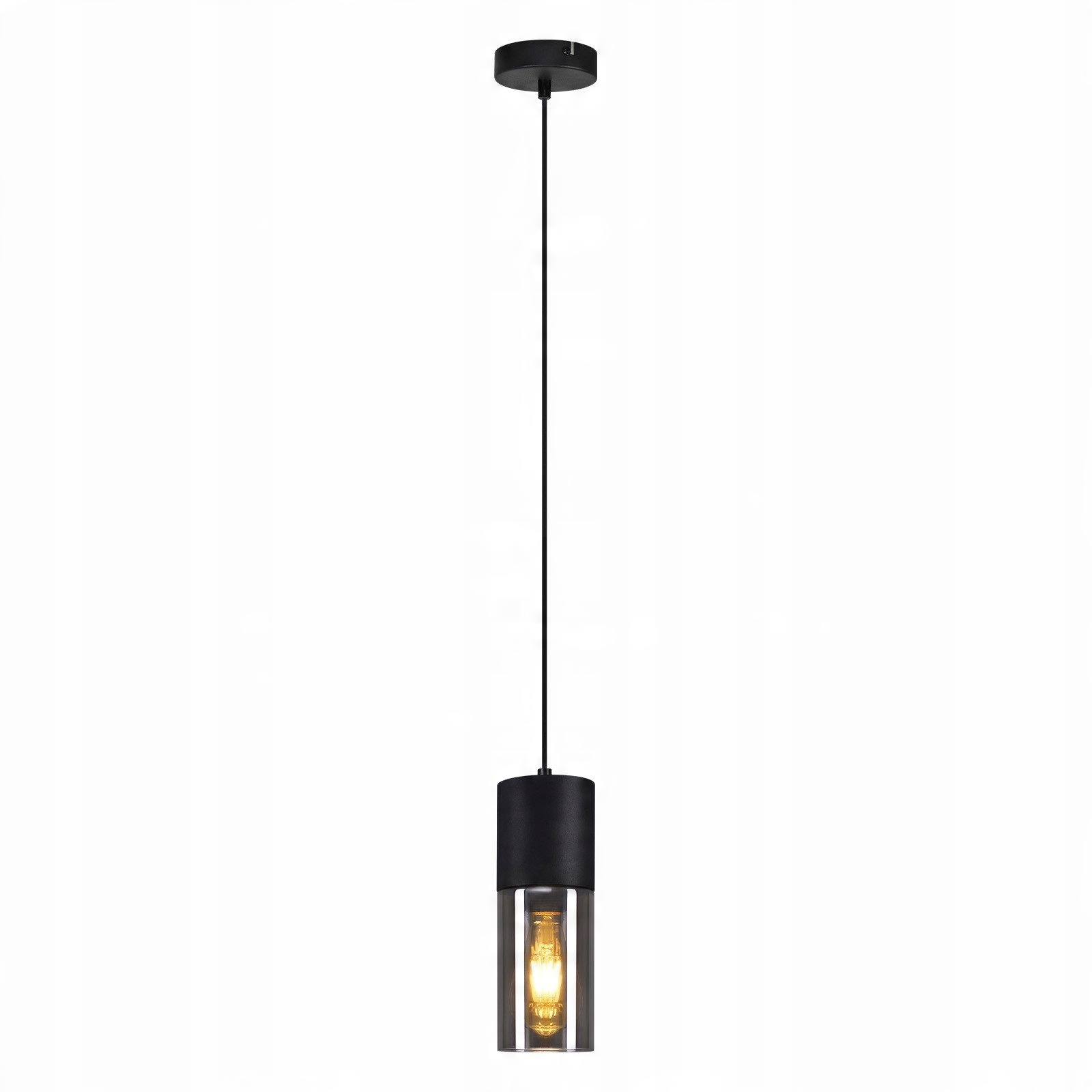 Czarna lampa wisząca z cylindrycznym kloszem i widoczną żarówką.