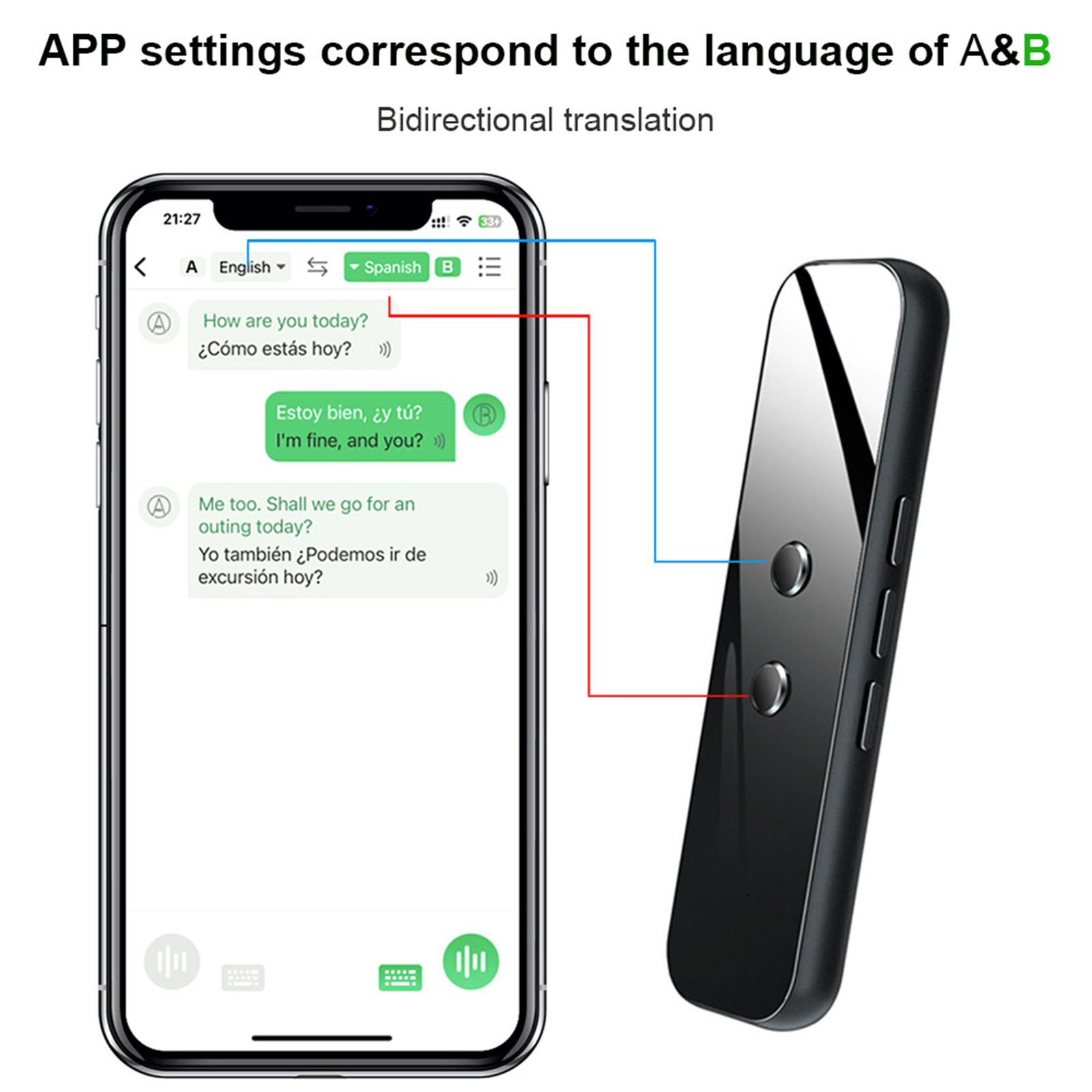 Das Bild zeigt ein Smartphone und ein Übersetzungsgerät, die zweisprachige Gespräche anzeigen.