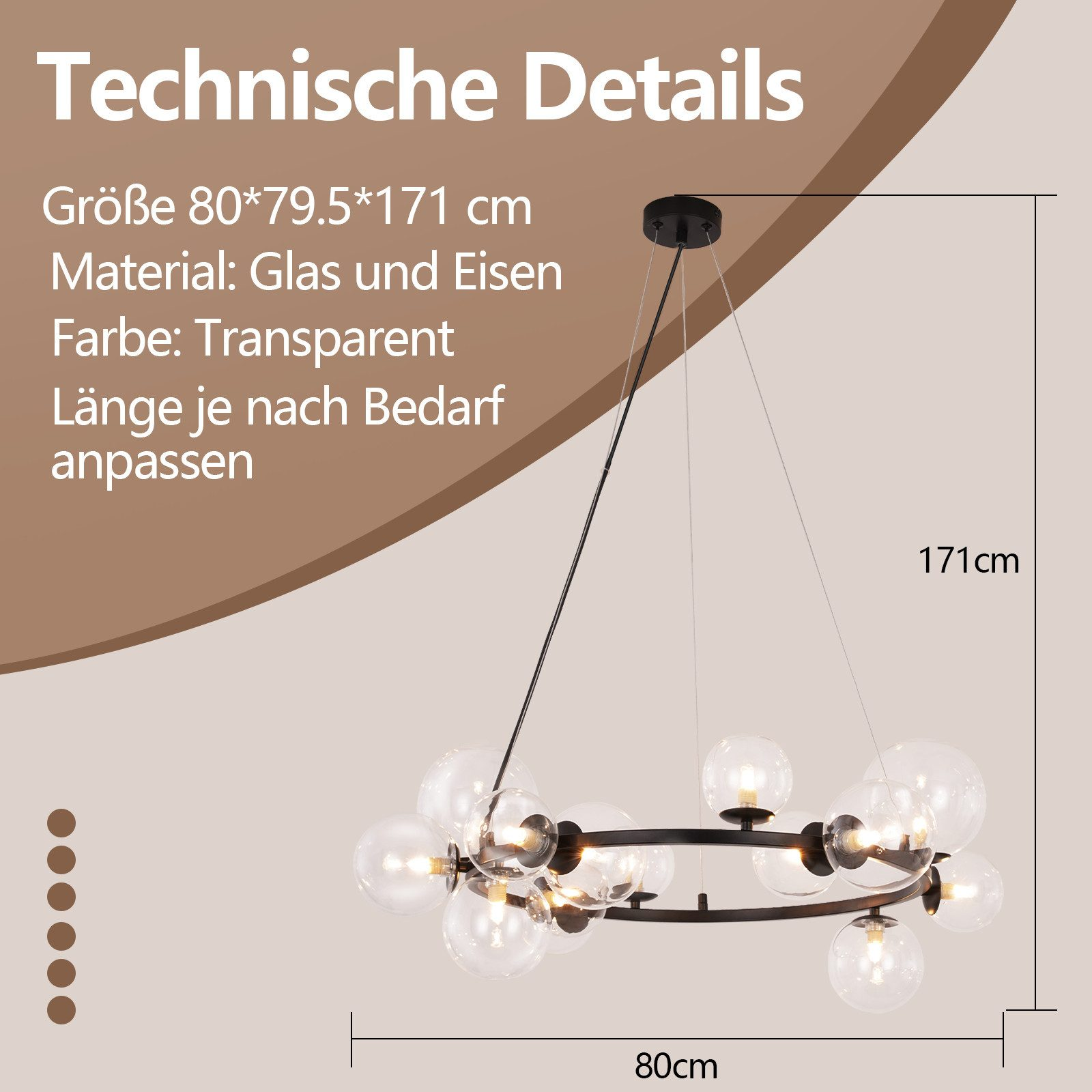 Dettagli tecnici di un lampadario: vetro e ferro, colore trasparente, lunghezza regolabile.