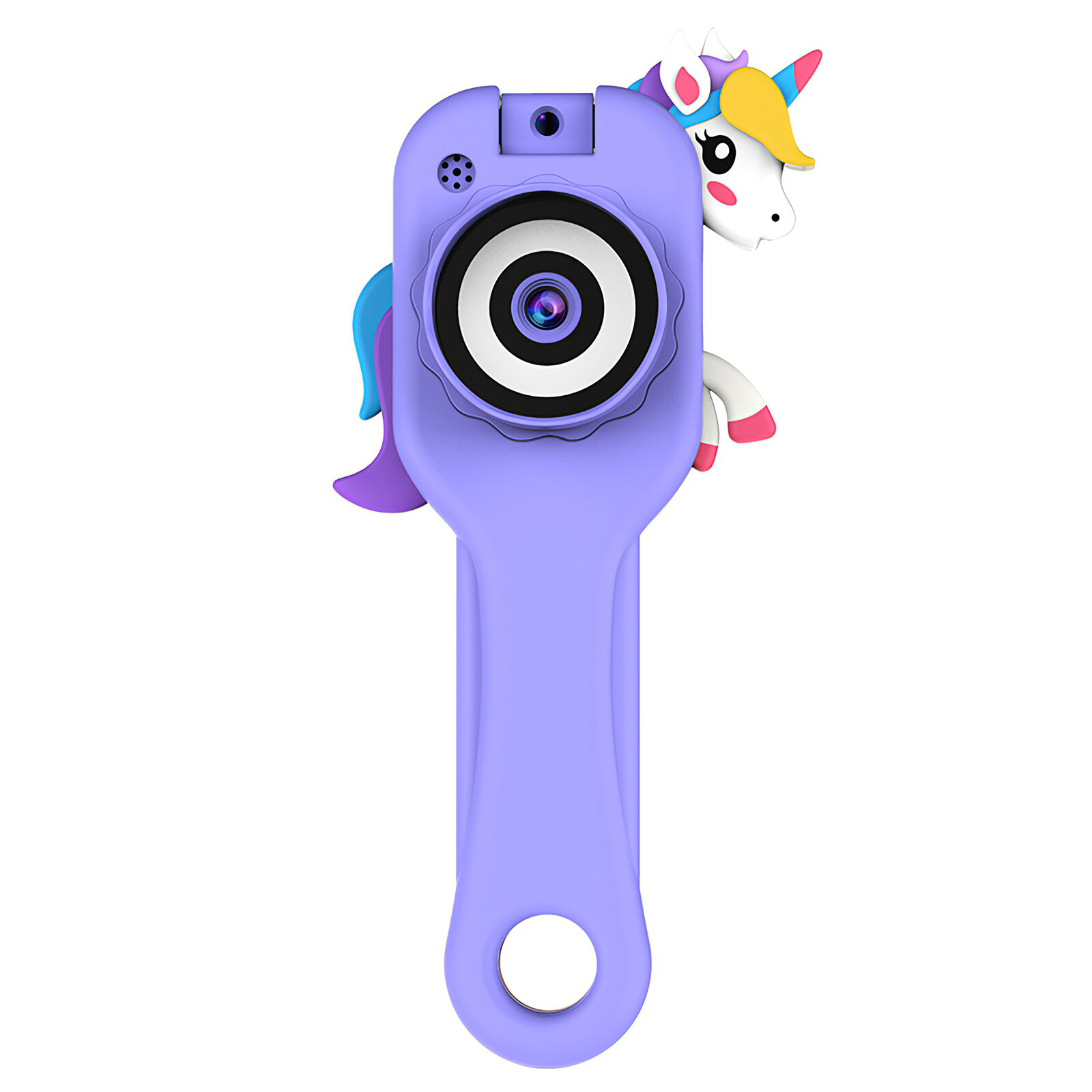 Eine lila Kamera im Einhorn-Design mit einer Linse auf der Rückseite.