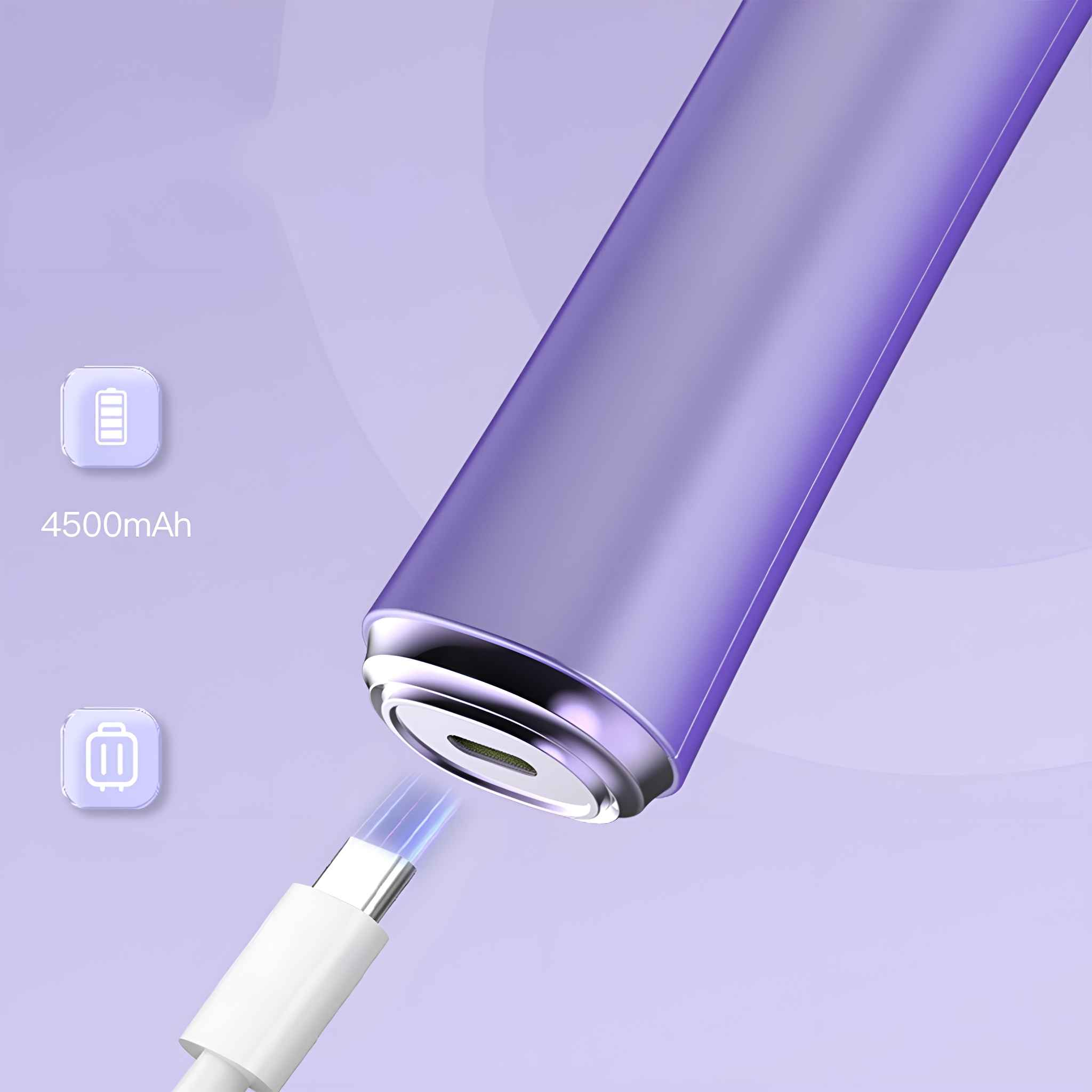Eine Nahaufnahme eines lila Lockenstabs, der mit einem USB-C-Kabel aufgeladen wird.