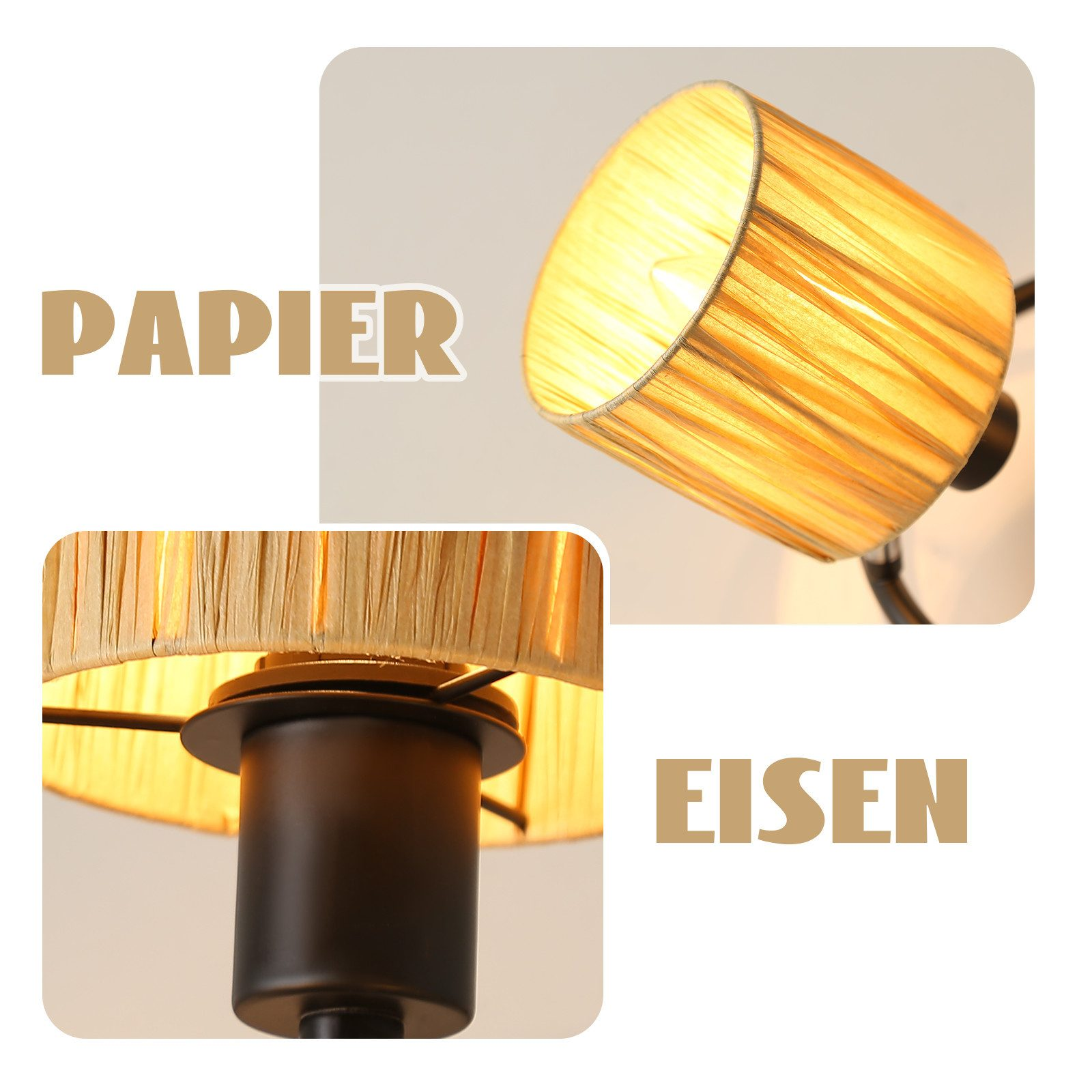 Primo piano di una lampada con un paralume intrecciato cilindrico, etichettata 'PAPIER' e 'EISEN' per indicare i suoi materiali.