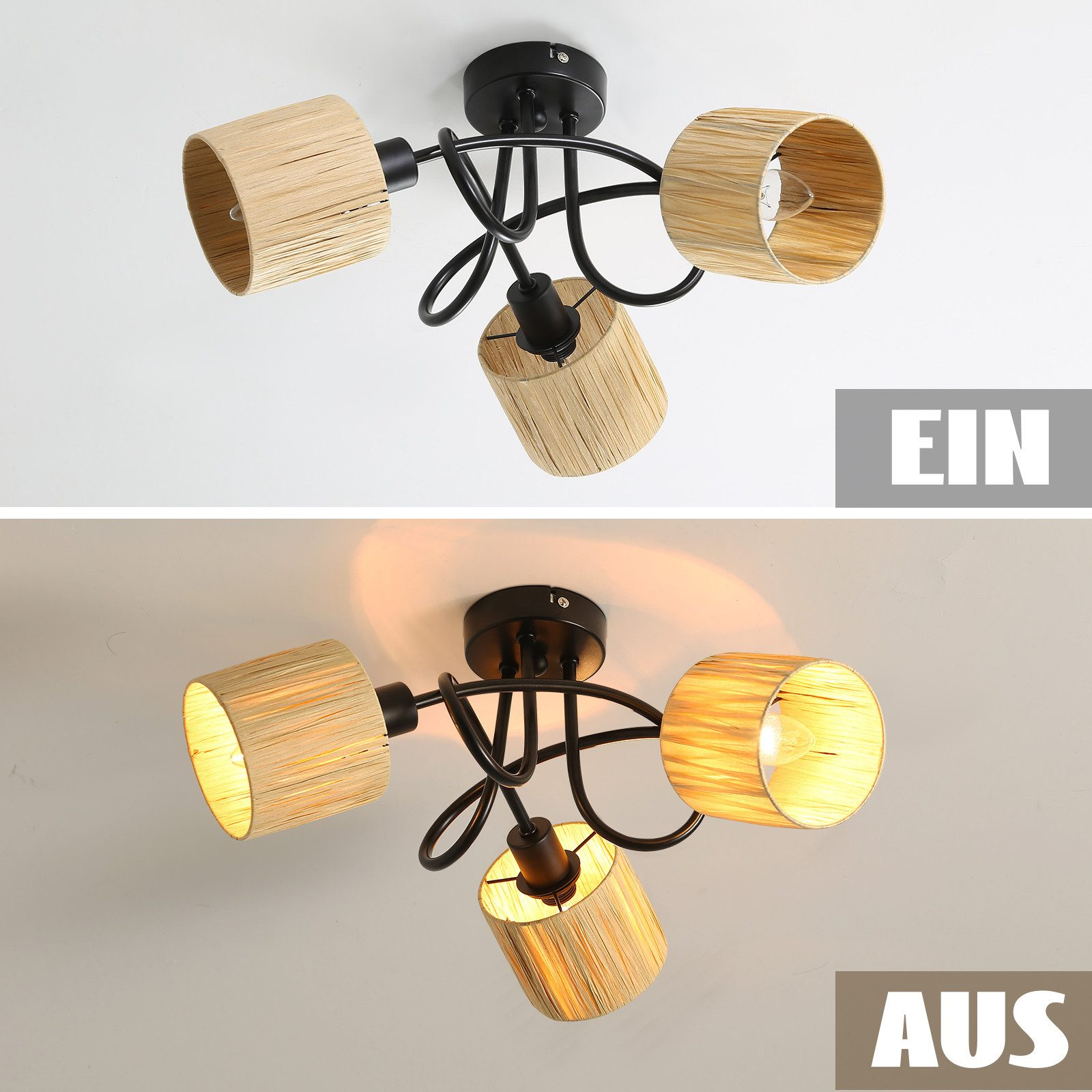 Una plafoniera a tre lampadine con paralumi intrecciati, mostrata sia accesa che spenta su uno sfondo bianco.
