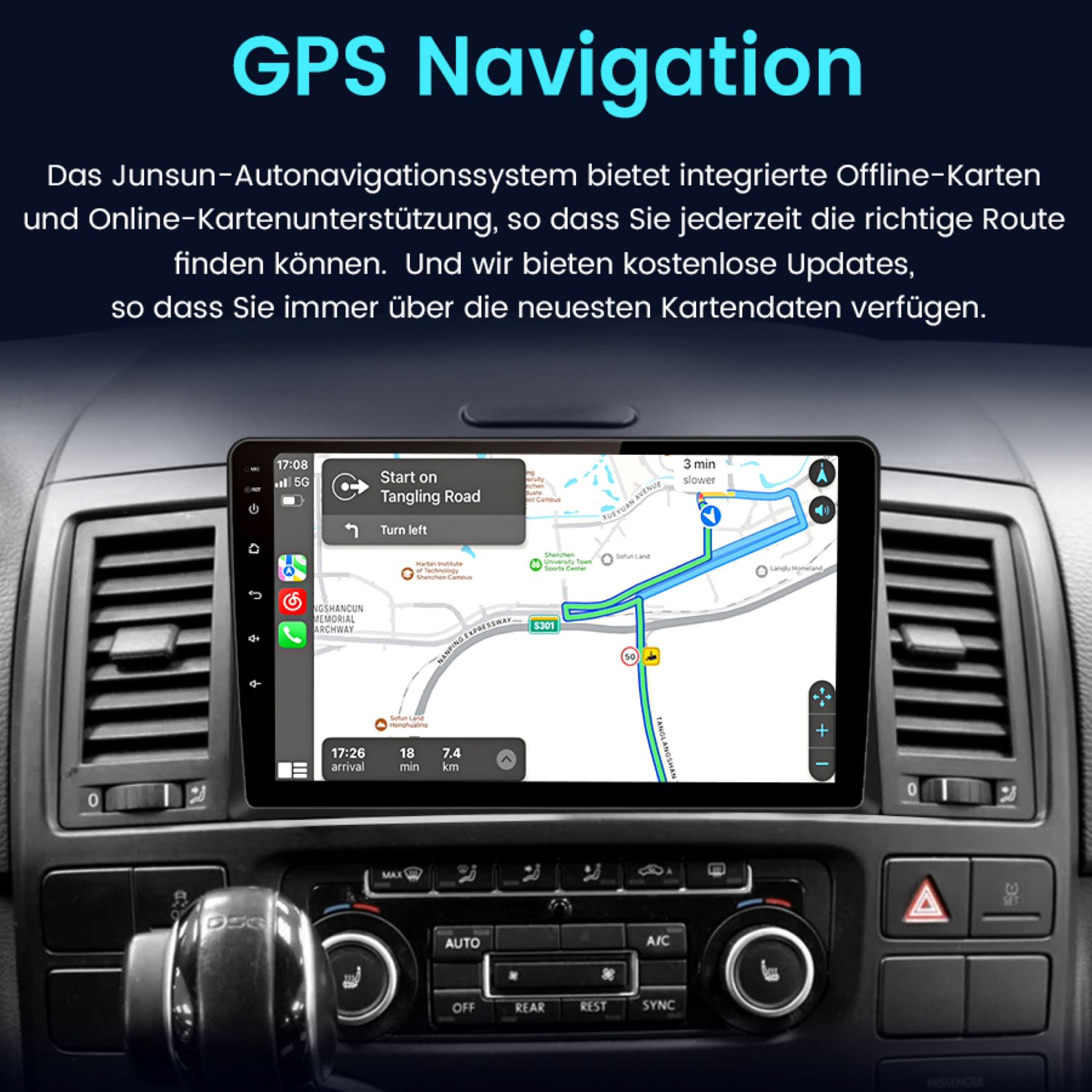 Armaturenbrett eines Autos mit einem GPS-Navigationssystem mit einer Karte, die eine Route mit Abbiegehinweisen anzeigt.