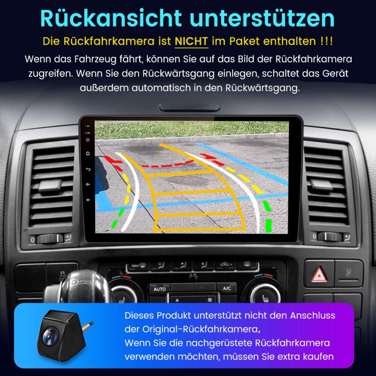 Autoradio, das eine Rückfahrkameraansicht auf seinem Bildschirm anzeigt, integriert in ein Fahrzeug-Armaturenbrett.