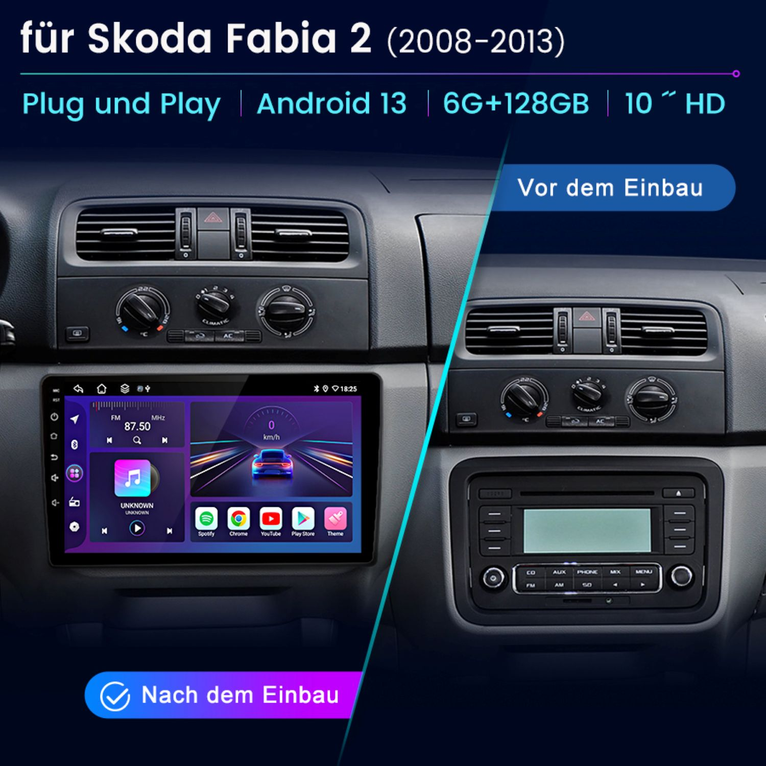 Ein Auto-Armaturenbrett verfügt über einen Android 13-Systembildschirm mit Navigation, Medien und App-Symbolen.