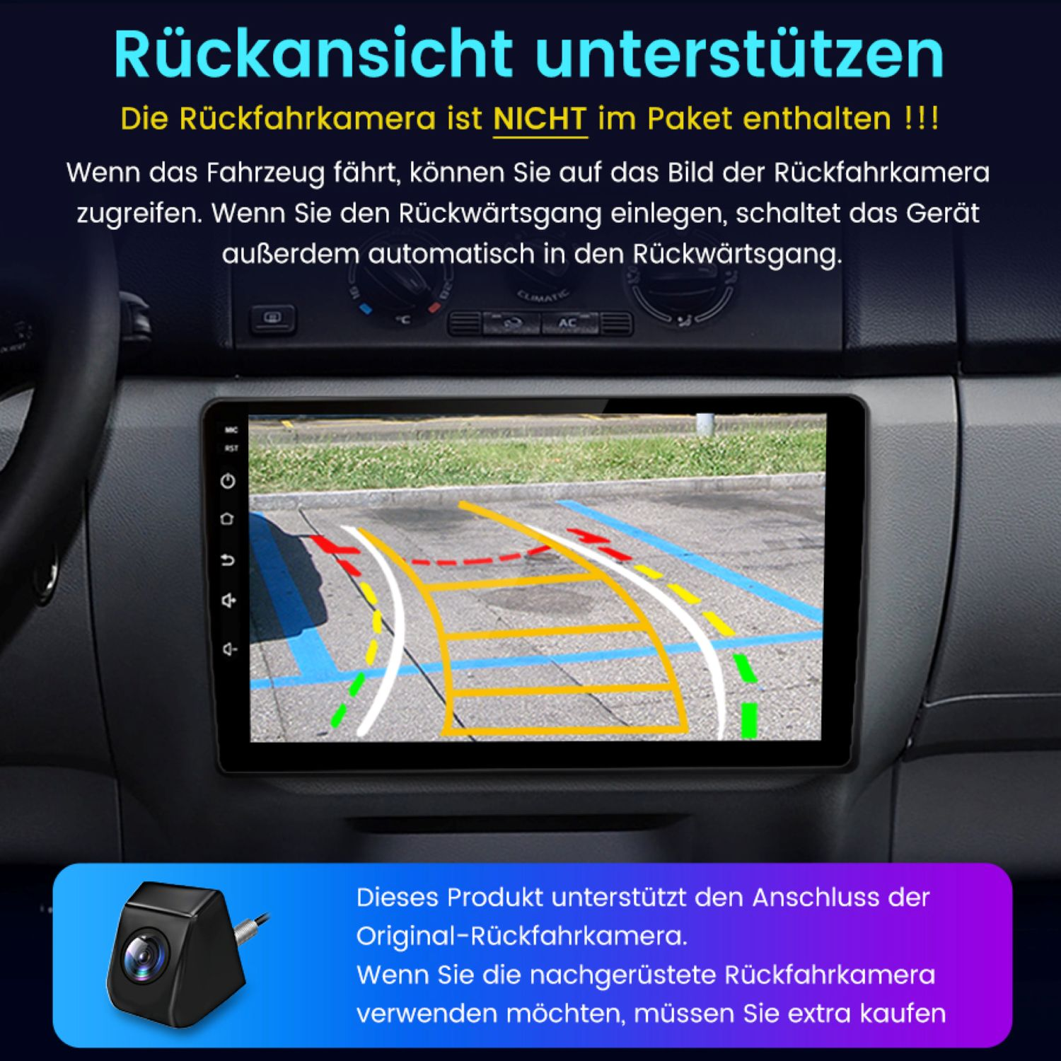 Ein Auto-Dashboard-Bildschirm zeigt eine Parkhilfeansicht mit Richtlinien und einem Hinweis zum Anschluss einer Rückfahrkamera.