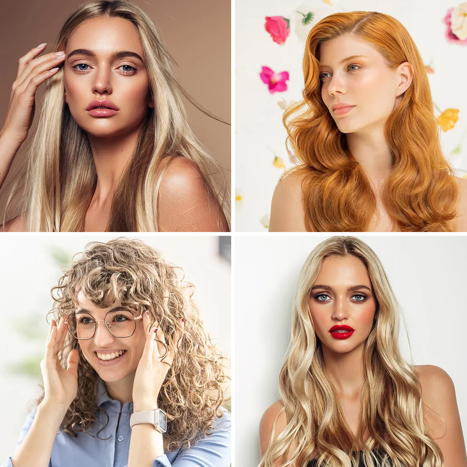 Das Bild zeigt eine Collage von vier Frauen mit verschiedenen Haarfarben und -stilen.