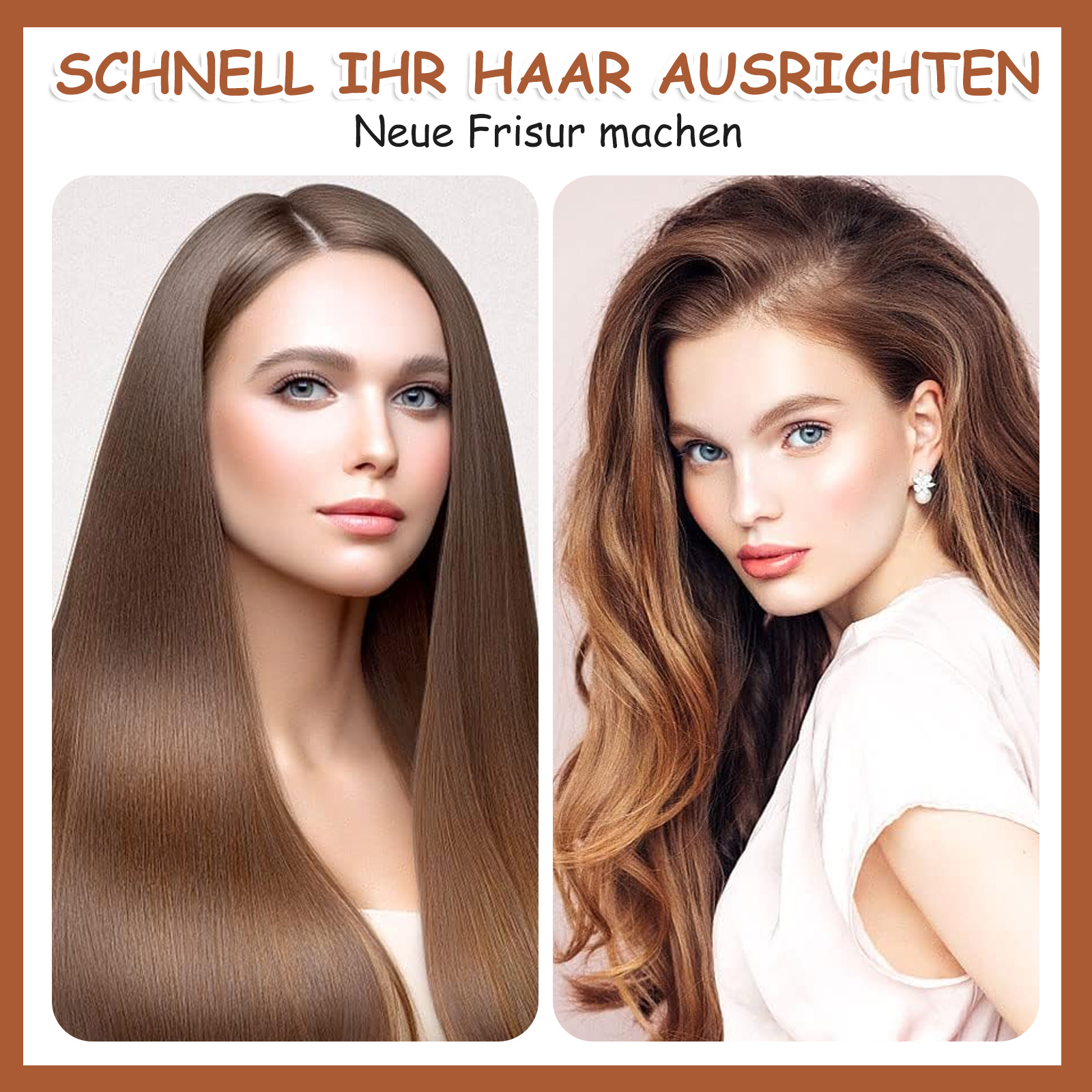 Zwei Frauen werden gezeigt: eine mit glattem braunem Haar, die andere mit welligem braunem Haar.