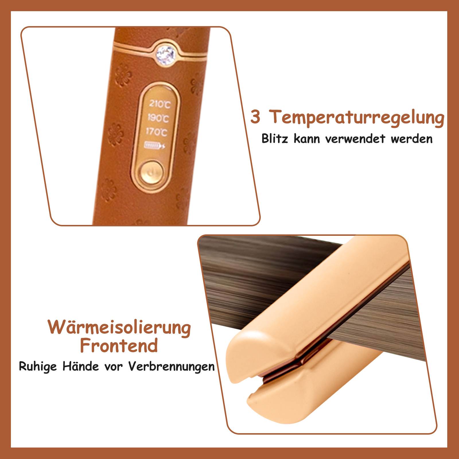 Das Bild zeigt eine Nahaufnahme der Temperaturregler und Heizplatten eines kupferfarbenen Lockeneisens.