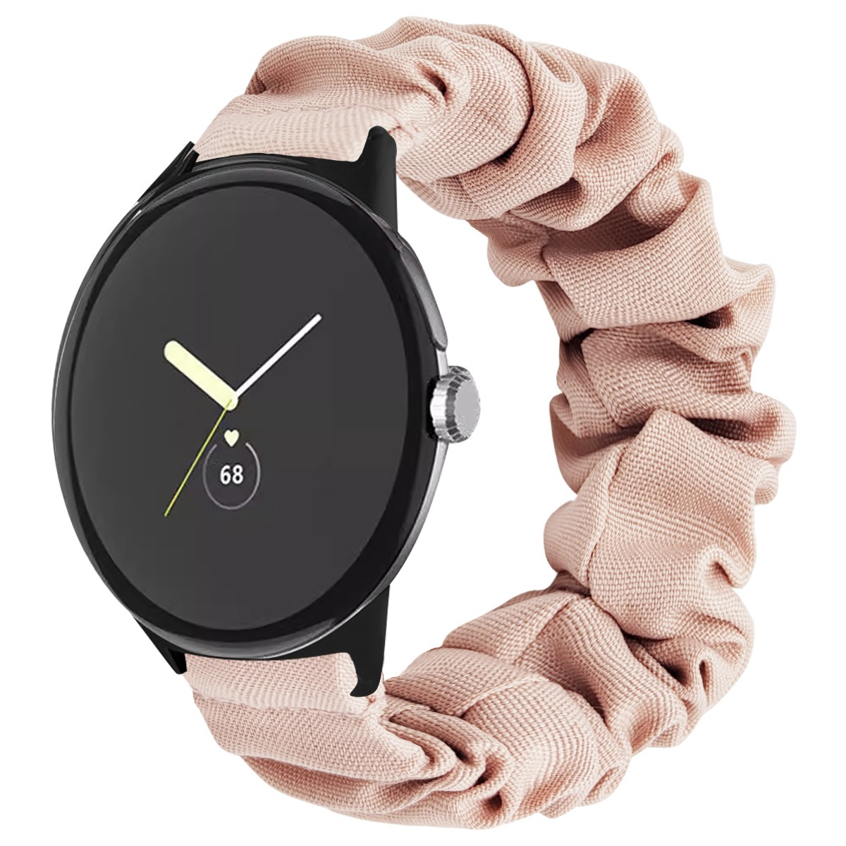 L'immagine mostra uno smartwatch nero con un cinturino rosa su uno sfondo bianco.