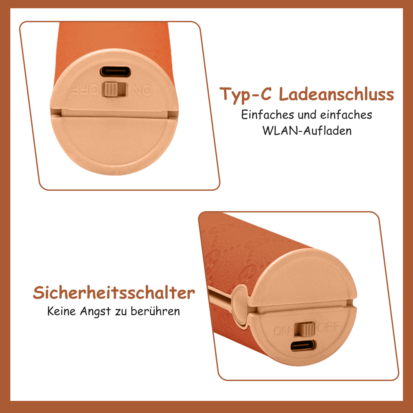 Das Bild zeigt Nahaufnahmen des Ladeanschlusses und des Ein-/Ausschalters eines Lockeneisens.