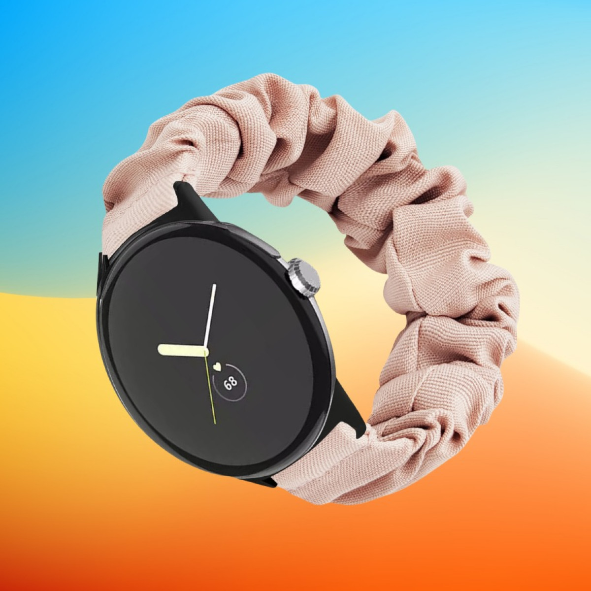 L'immagine mostra uno smartwatch con un cinturino rosa su uno sfondo sfumato blu e arancione.