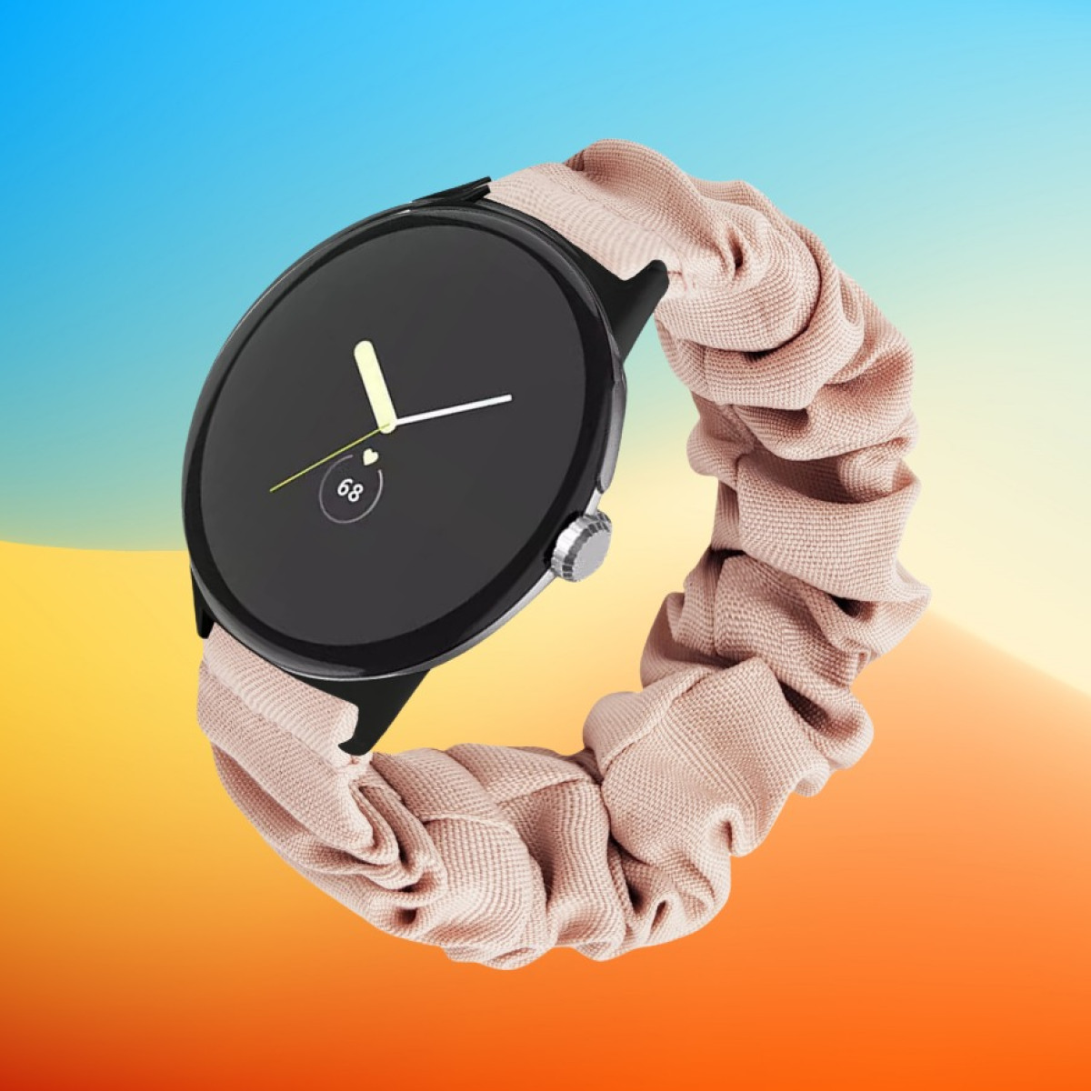 L'immagine mostra uno smartwatch con un cinturino rosa su uno sfondo sfumato blu e arancione.