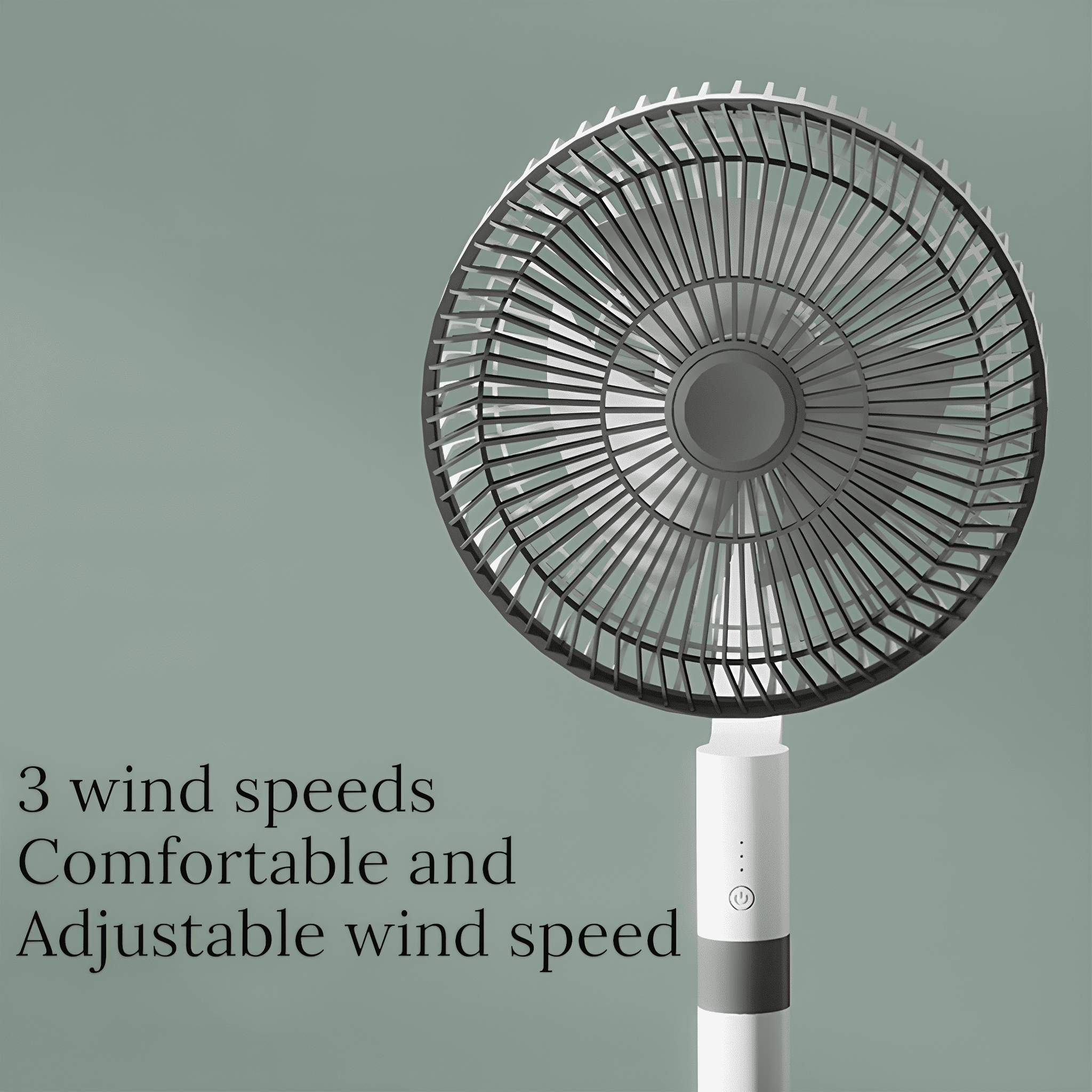 Das Bild zeigt einen stehenden Ventilator mit grauem Gitter und weißem Ständer vor einem grünen Hintergrund.