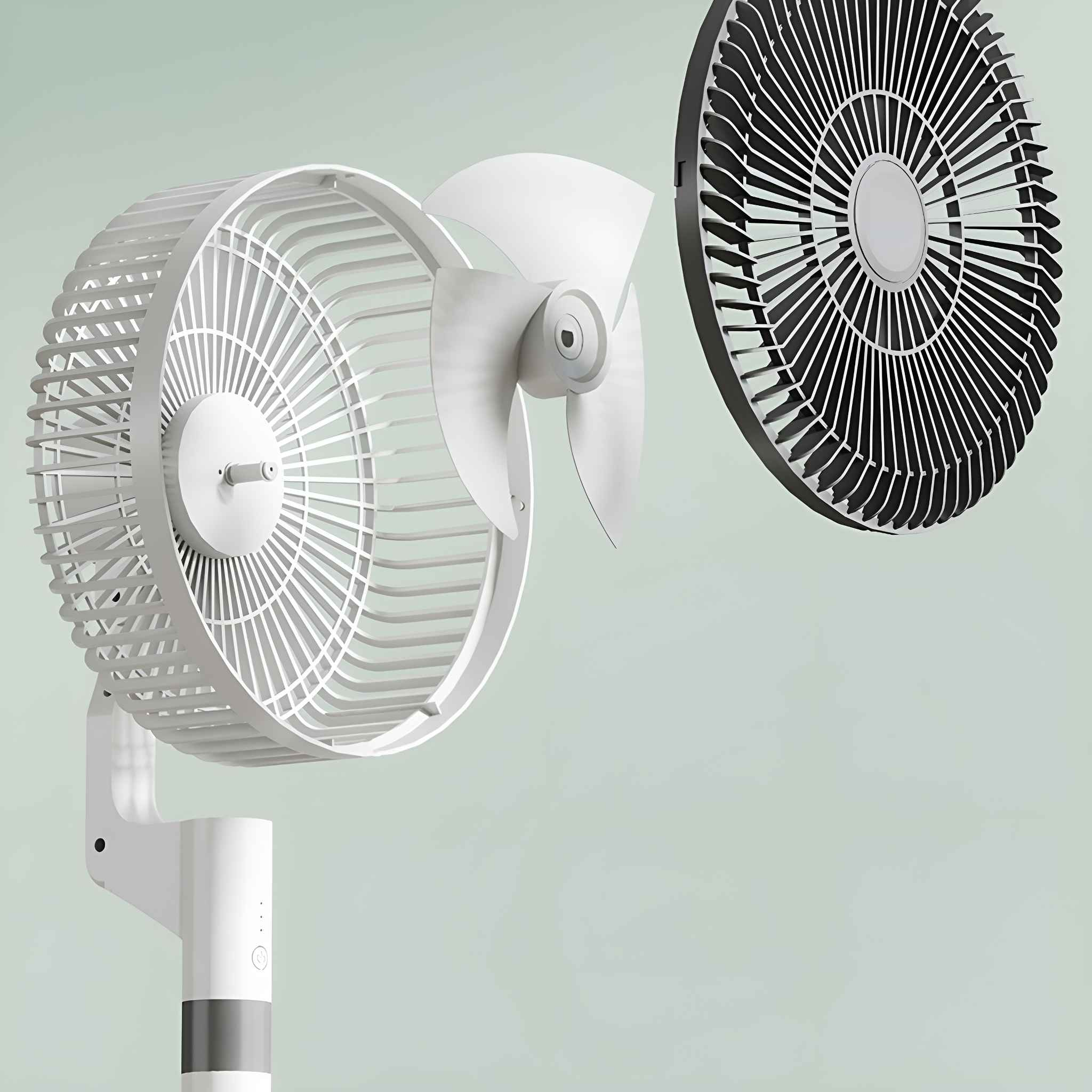 Explosionsansicht eines Ventilators, der seine Komponenten zeigt: Gitter, Flügel und Ständer, vor einem hellgrünen Hintergrund.