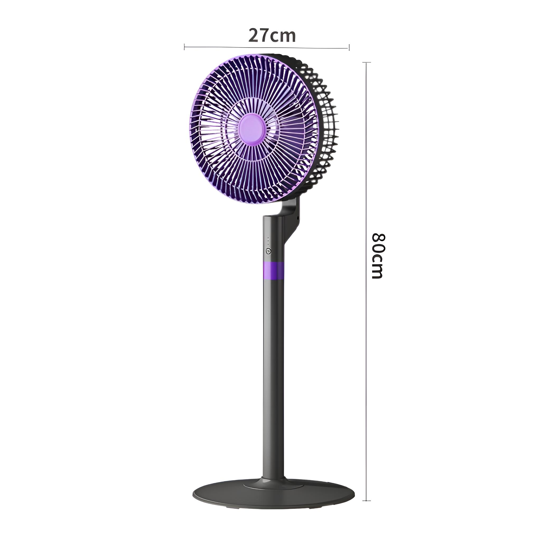 Ein lila stehender Ventilator mit Höhenmaßen von 80 cm und einem Lüfterdurchmesser von 27 cm wird gezeigt.