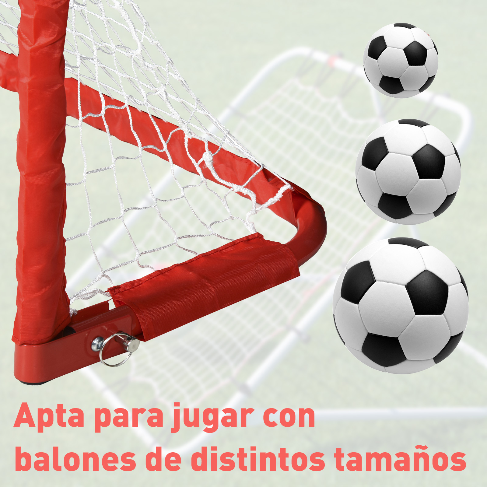 Un marco de portería de fútbol rojo con una red blanca y tres balones de fútbol en el fondo.